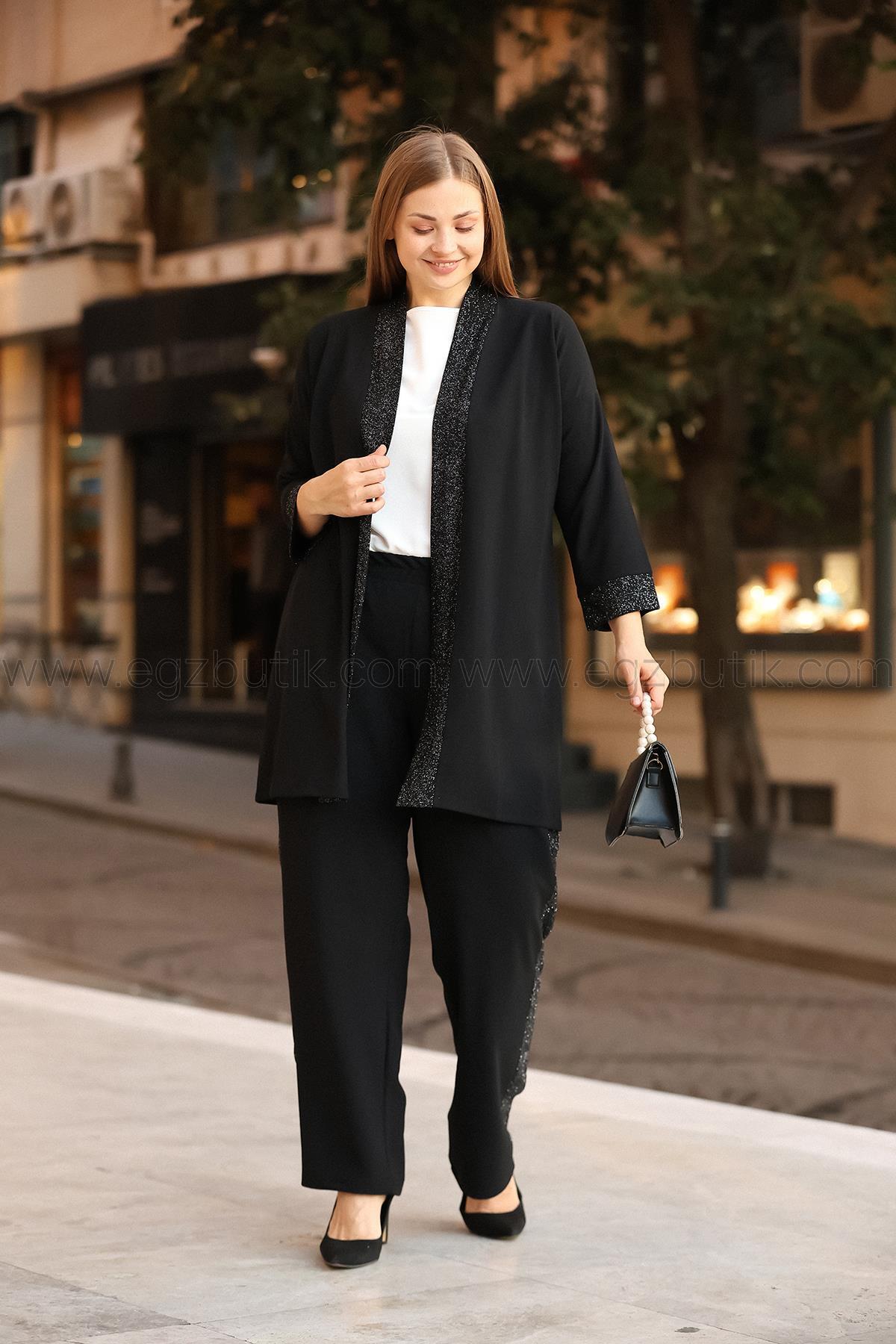 Büyük Beden Sim Şerit Detaylı Scuba Krep ikili Takım