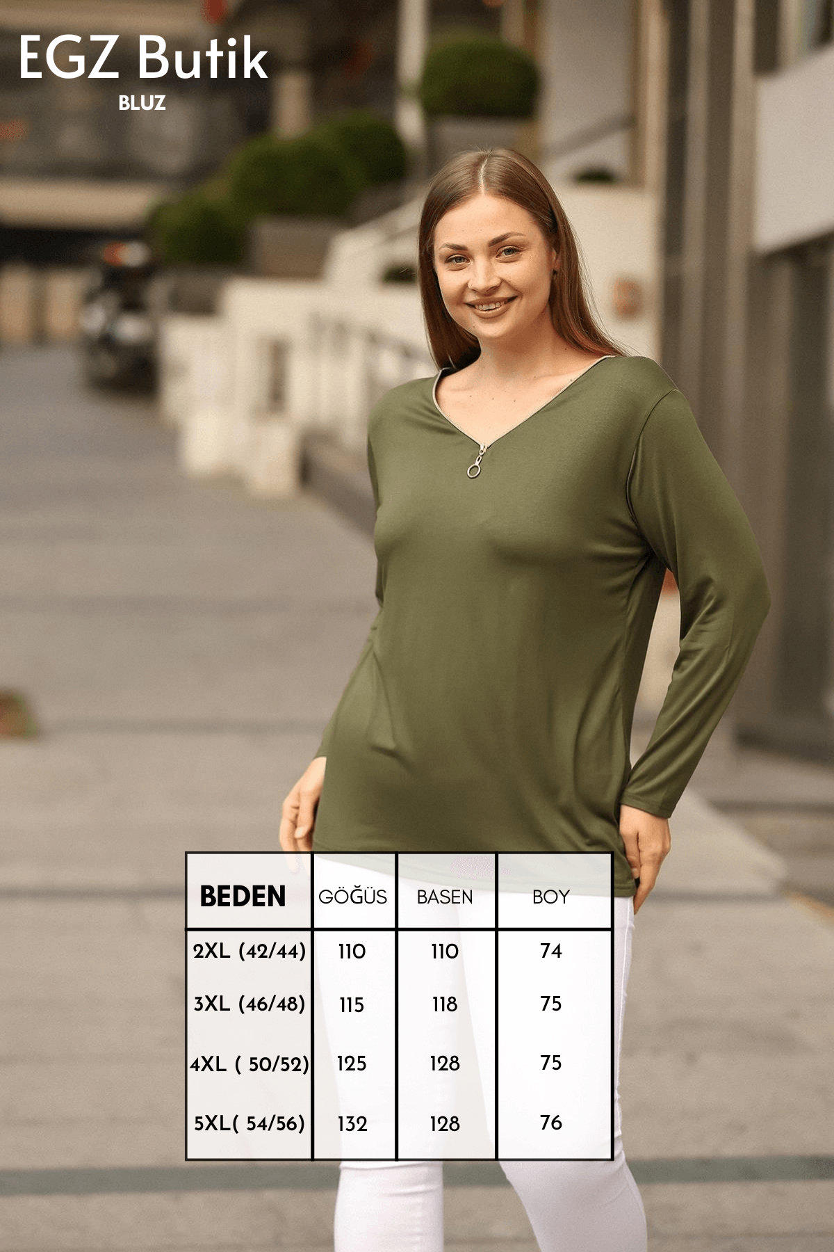 Klasik Fermuarlı Büyük Beden Haki Bluz