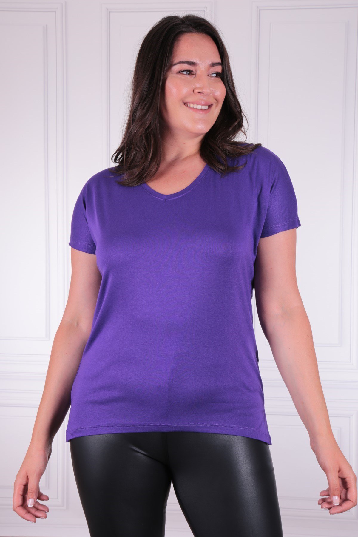 Basic V Yaka Büyük Beden Vyk Mor Tişört
