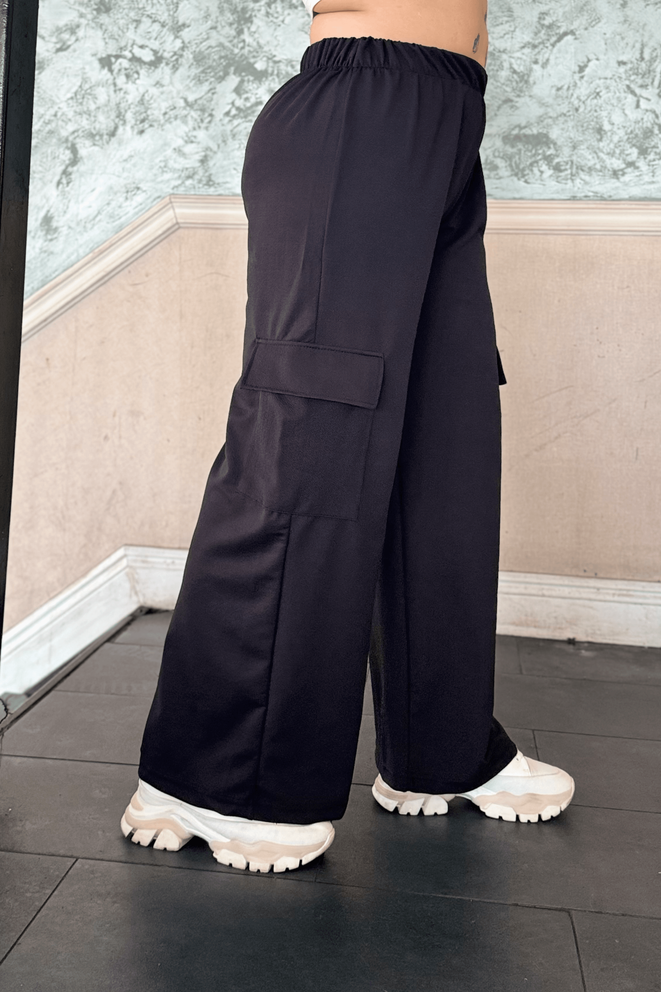 Büyük Beden Kargo Cep Pantolon Siyah