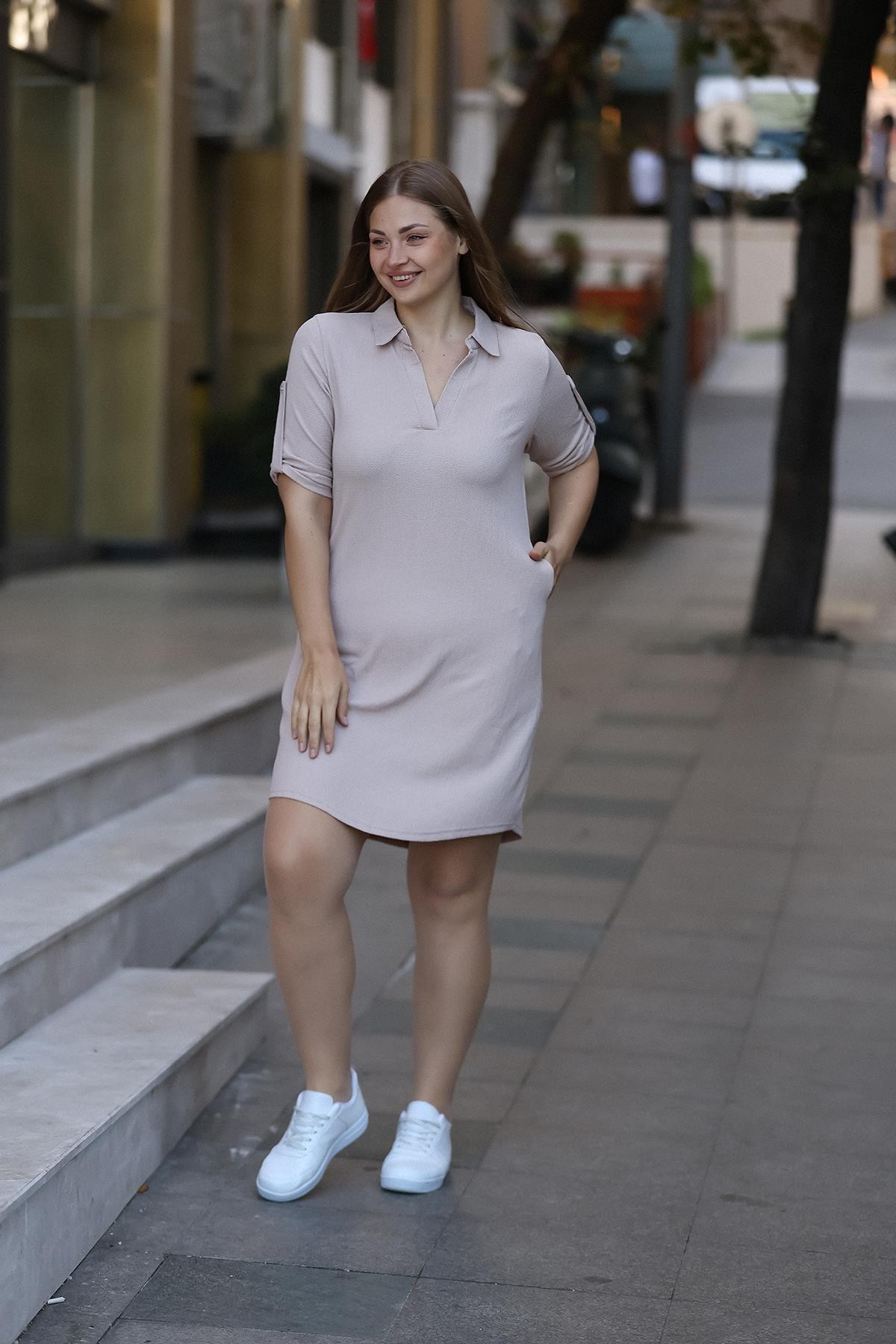 Gömlek Yaka Cepli Bej Elbise