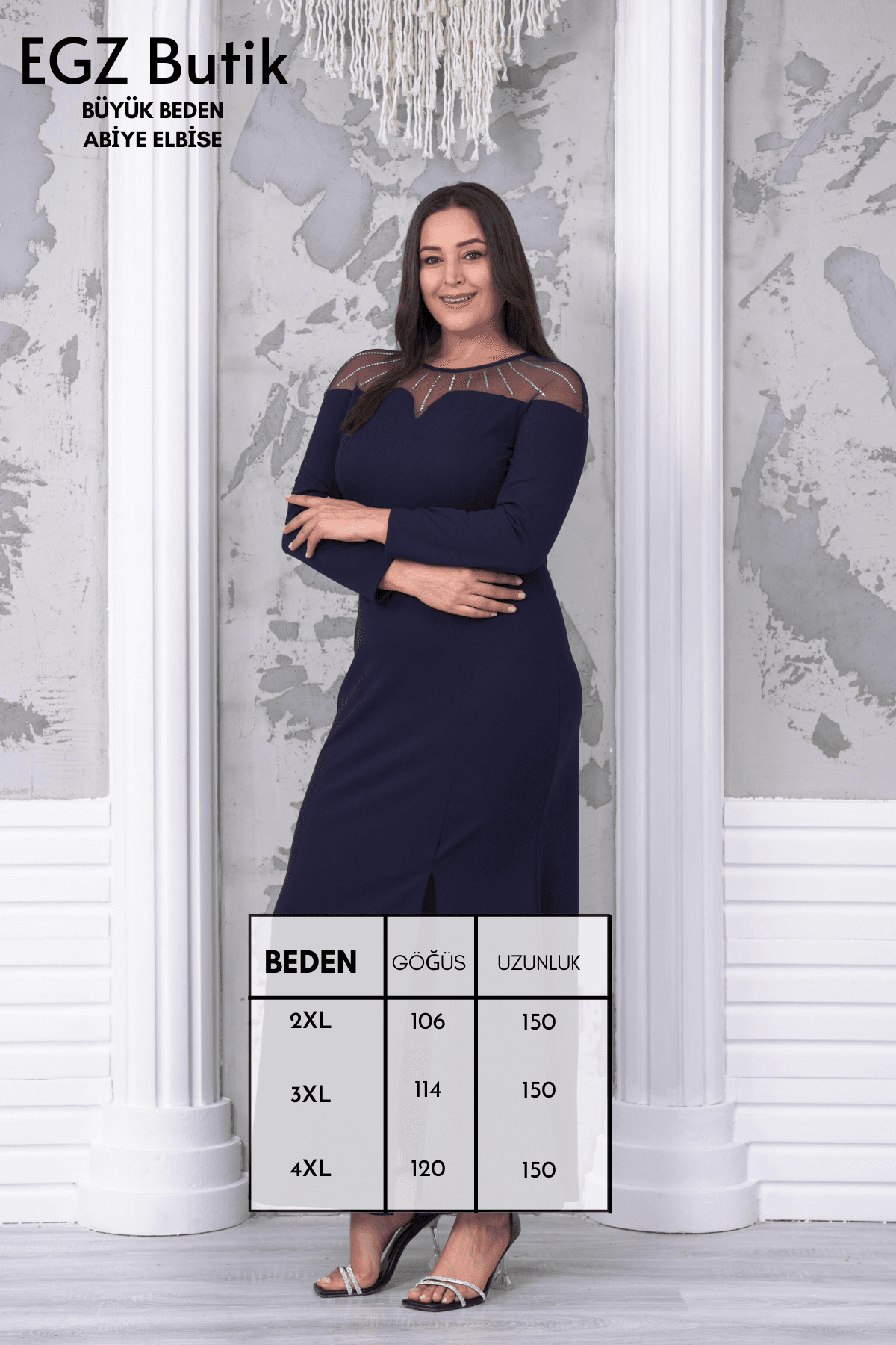 Büyük Beden Yaka Taş Baskı Tül Detaylı Maxi Balık Abiye Lacivert