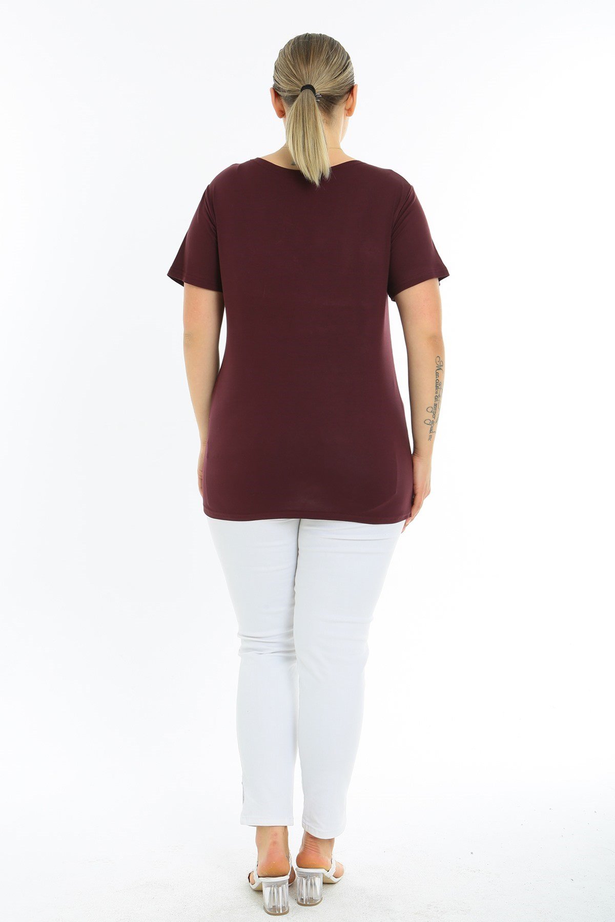 Fermuarlı Kısa Kol Büyük Beden Bordo Bluz