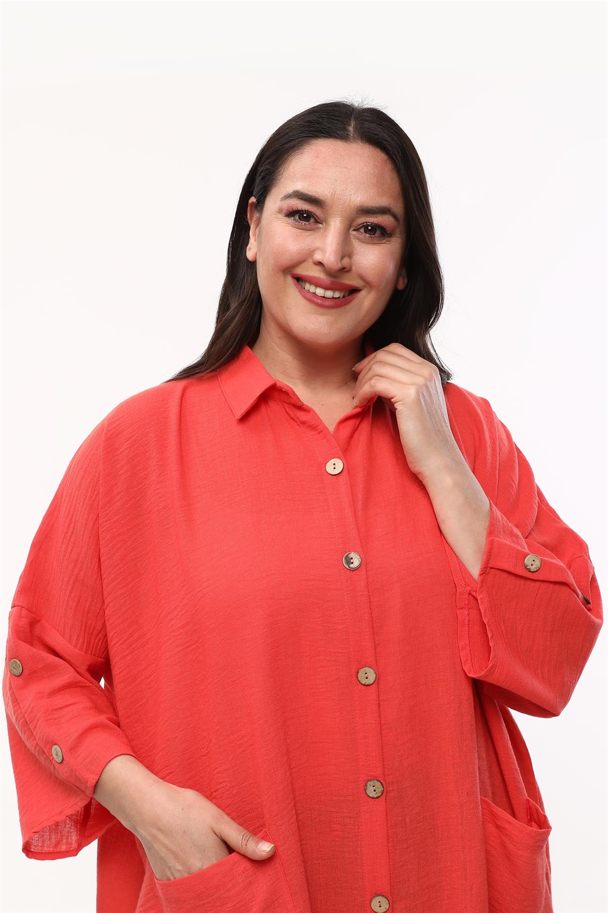 Önü Düğmeli Oversize Kırmızı Keten Elbise