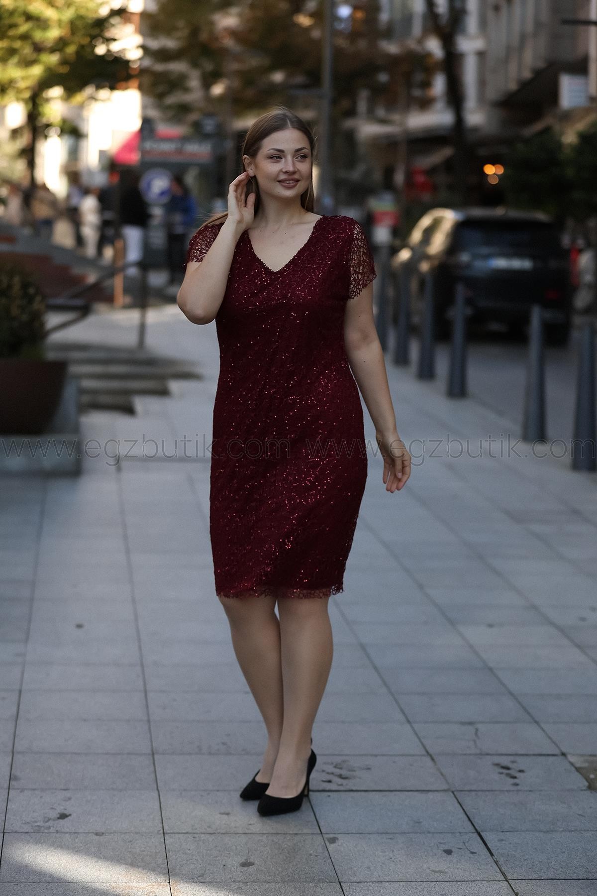 Örümcek Dantel Midi Boy Bordo Elbise