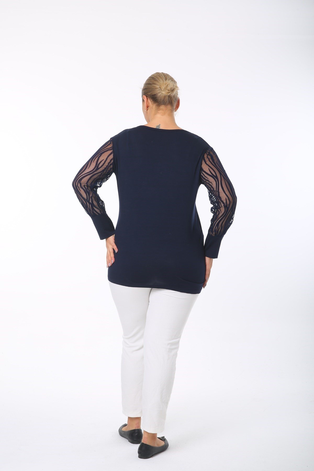 Zebra Kol Büyük Beden Lacivert Bluz