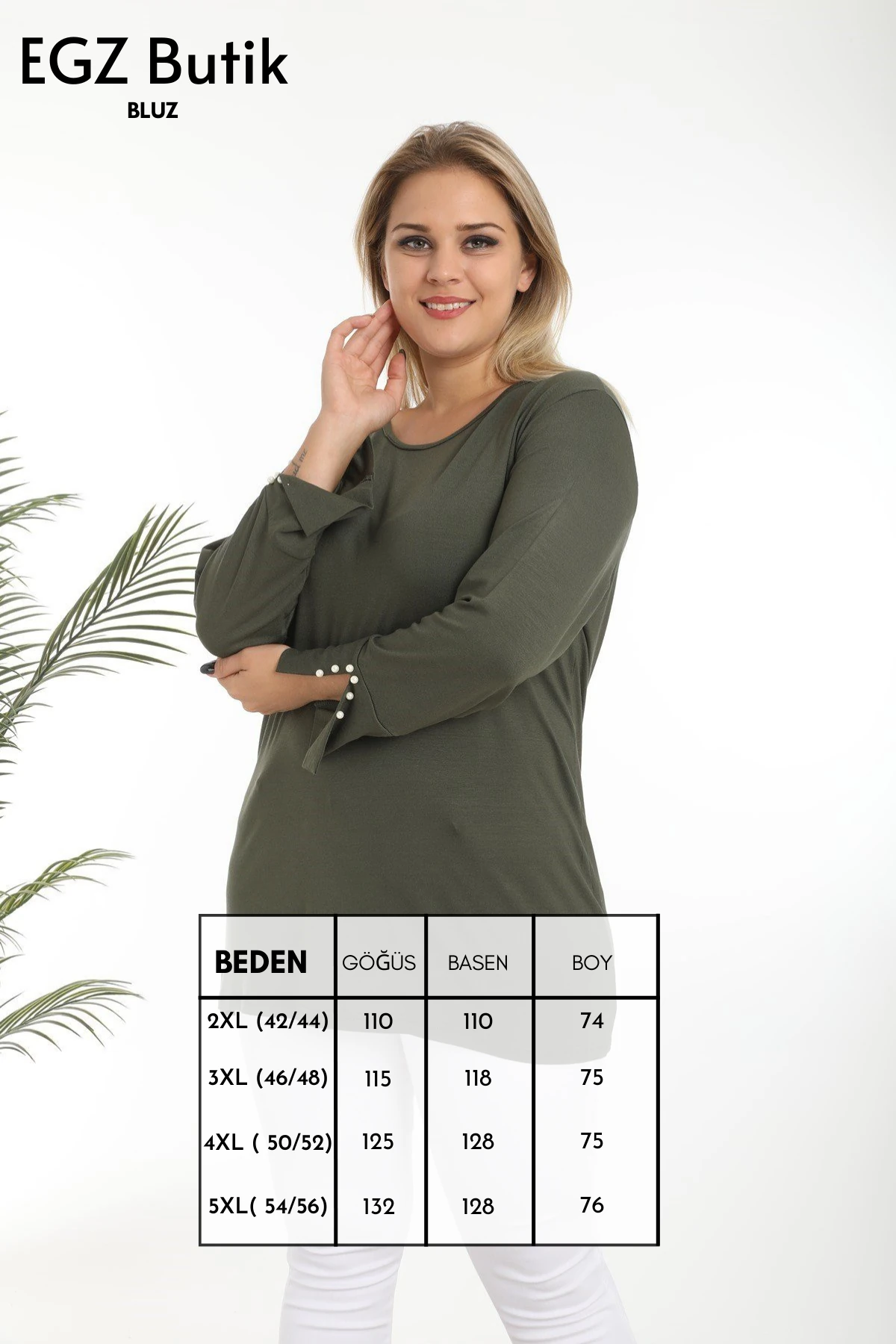 İnci Kol Büyük Beden Haki Viskon Bluz