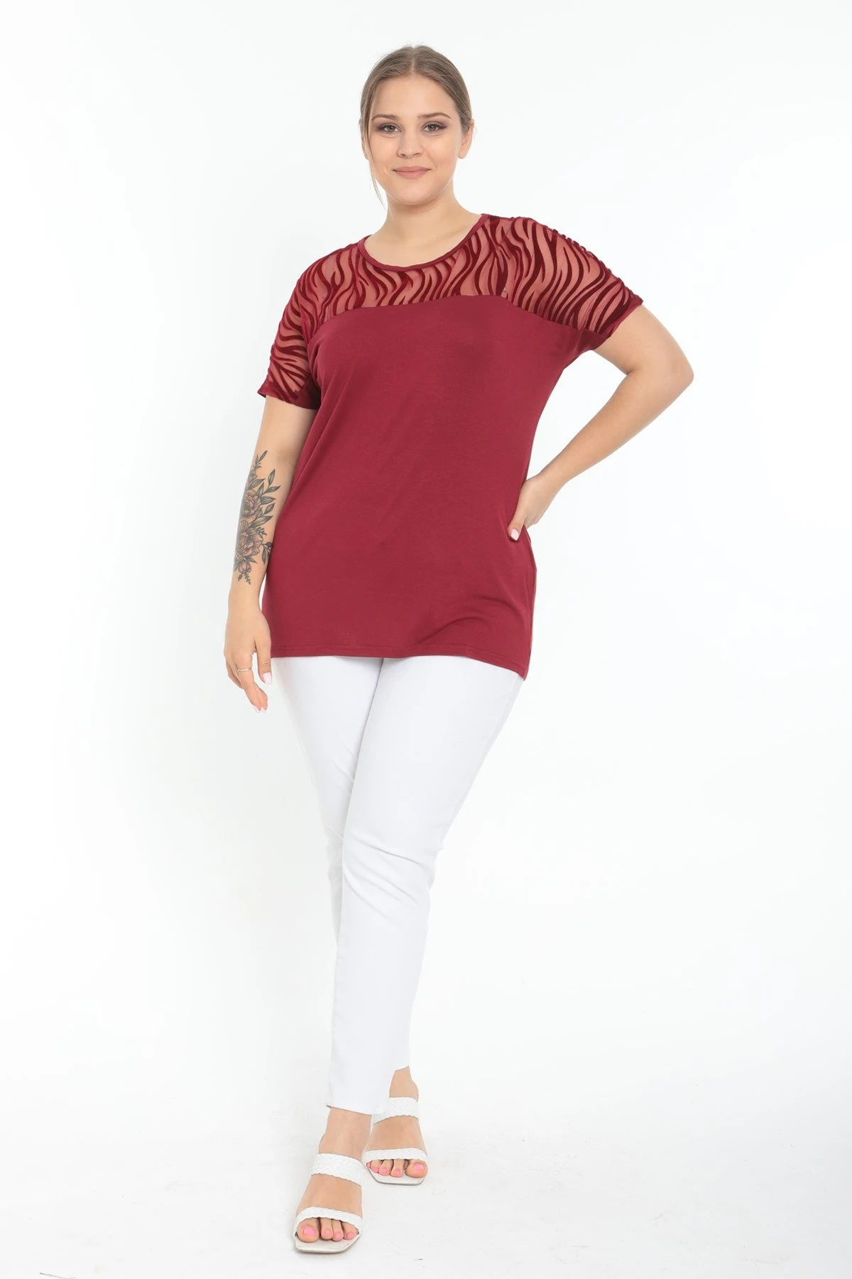 Kısa Kol Önü Zebra Desen Büyük Beden Bordo Bluz