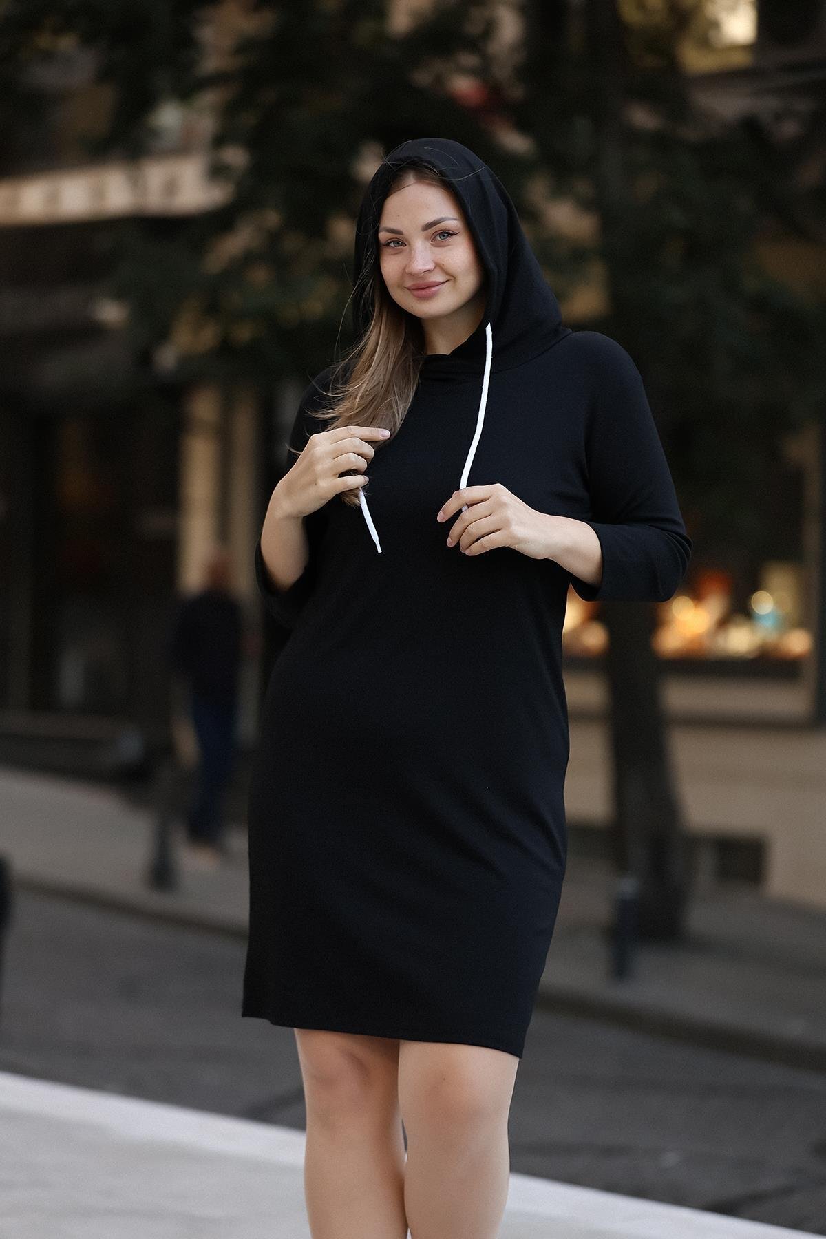 Kapşonlu Büyük Beden Siyah Elbise