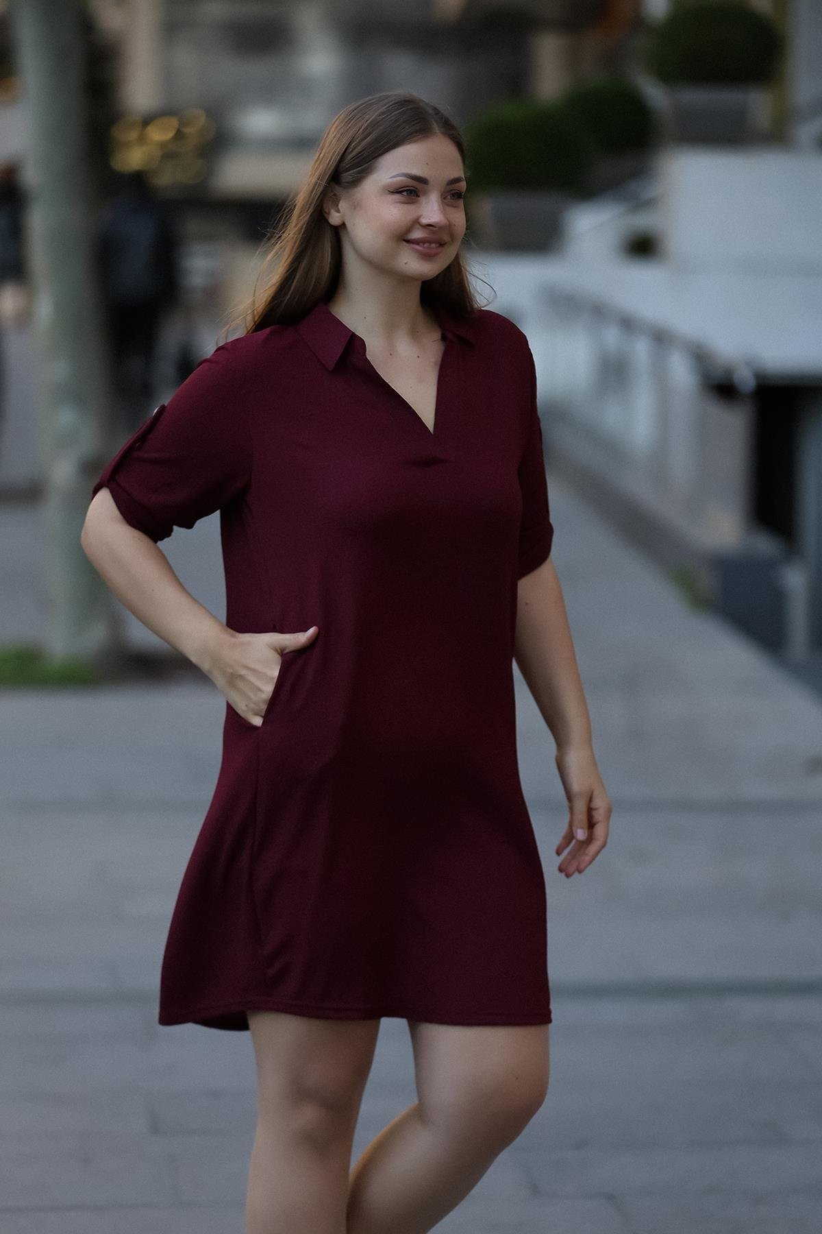 Gömlek Yaka Cepli Bordo Elbise