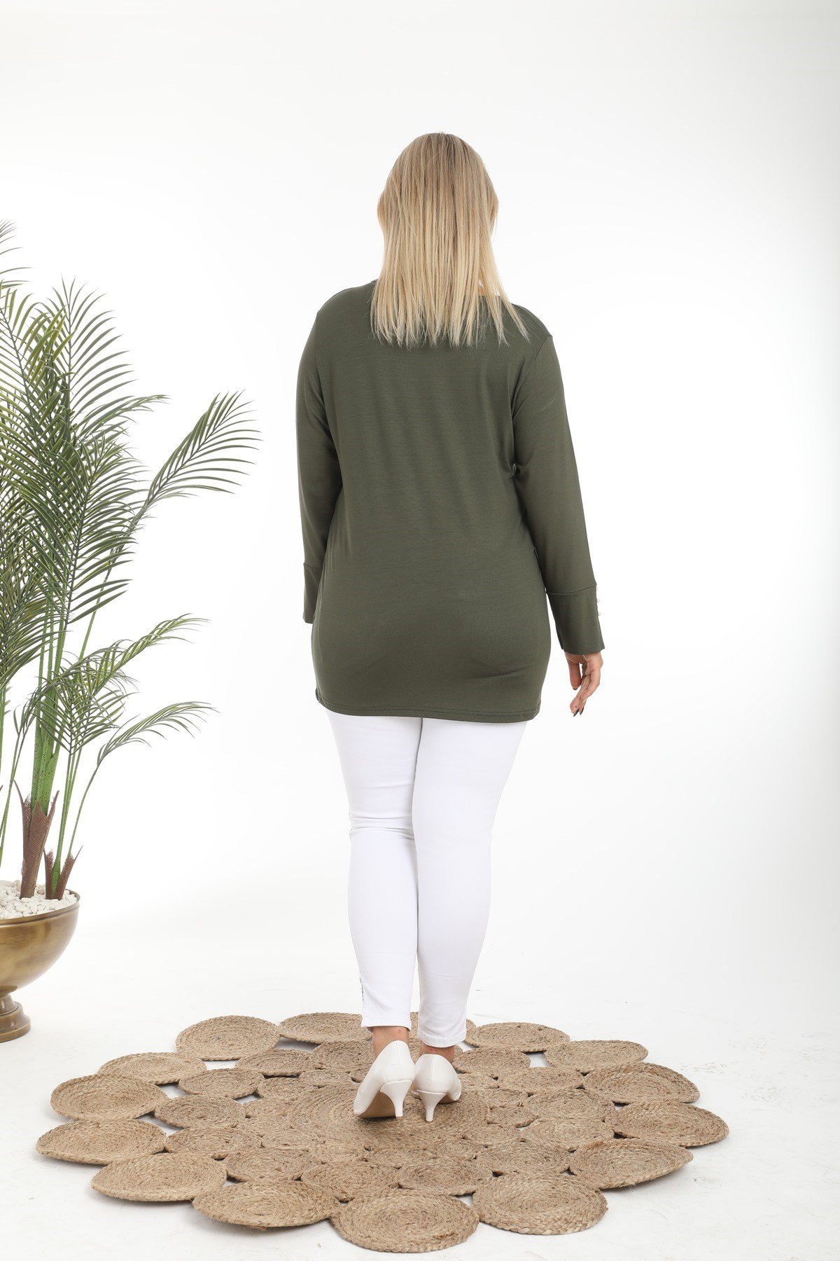 İnci Kol Büyük Beden Haki Viskon Bluz