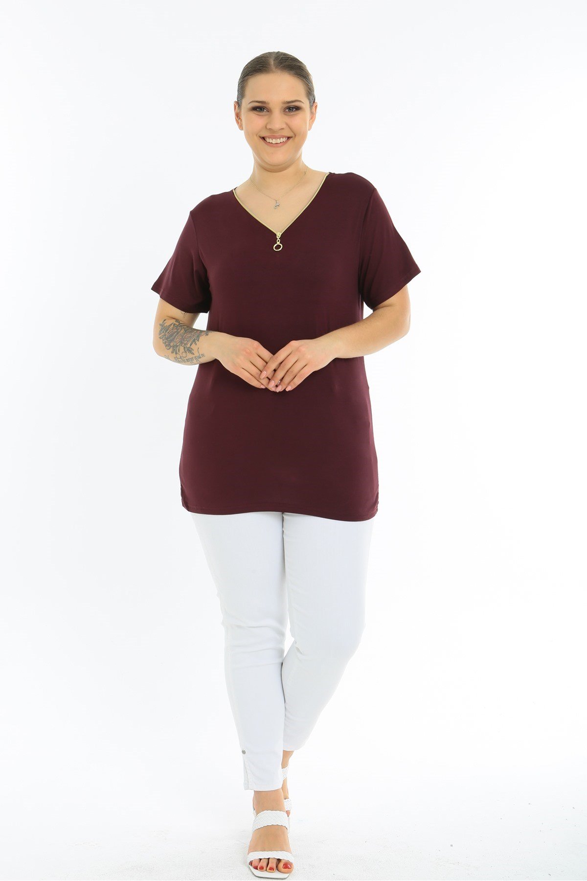 Fermuarlı Kısa Kol Büyük Beden Bordo Bluz