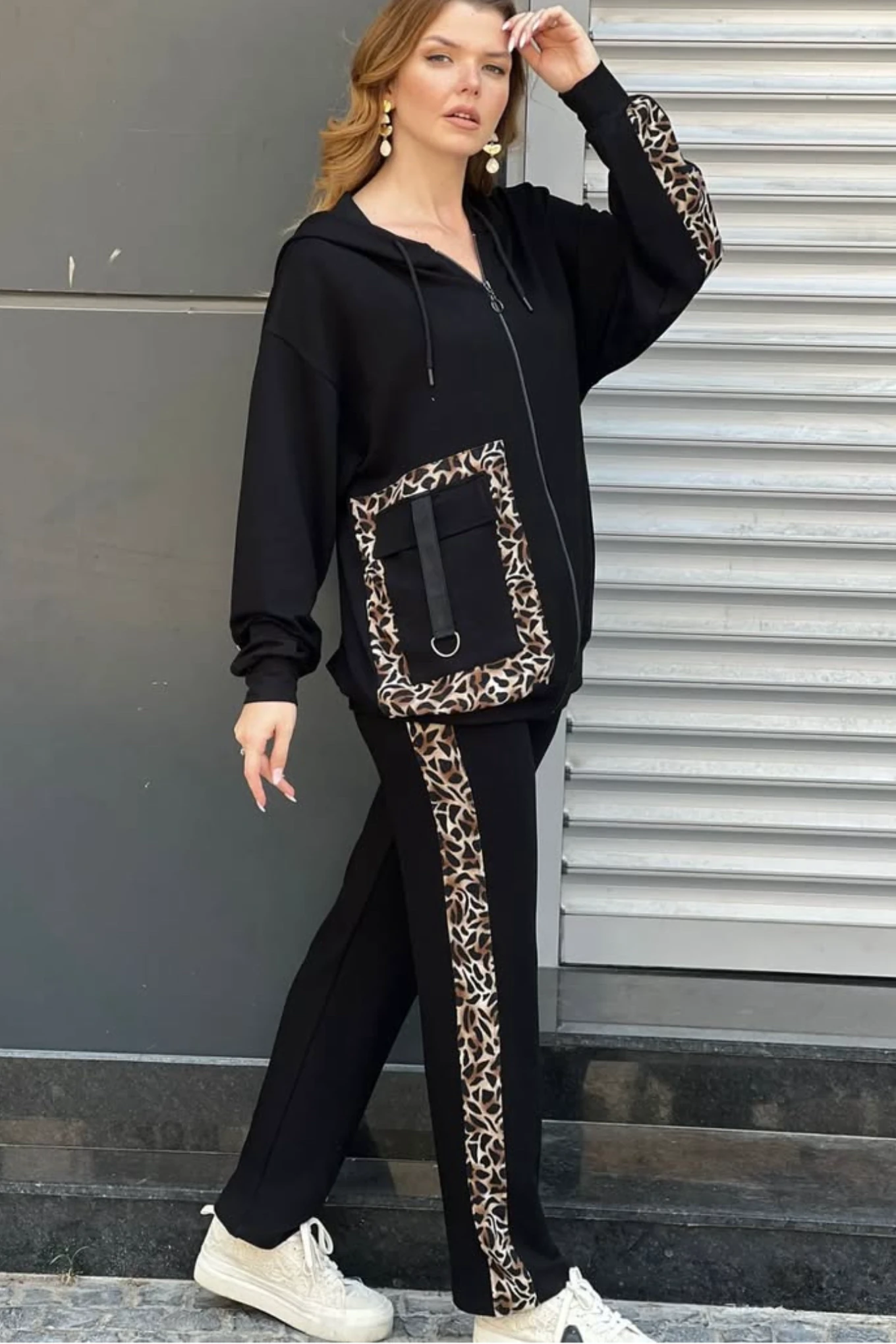 Büyük Beden cebi Leopar Detaylı Trend İkili Takım - Leopar