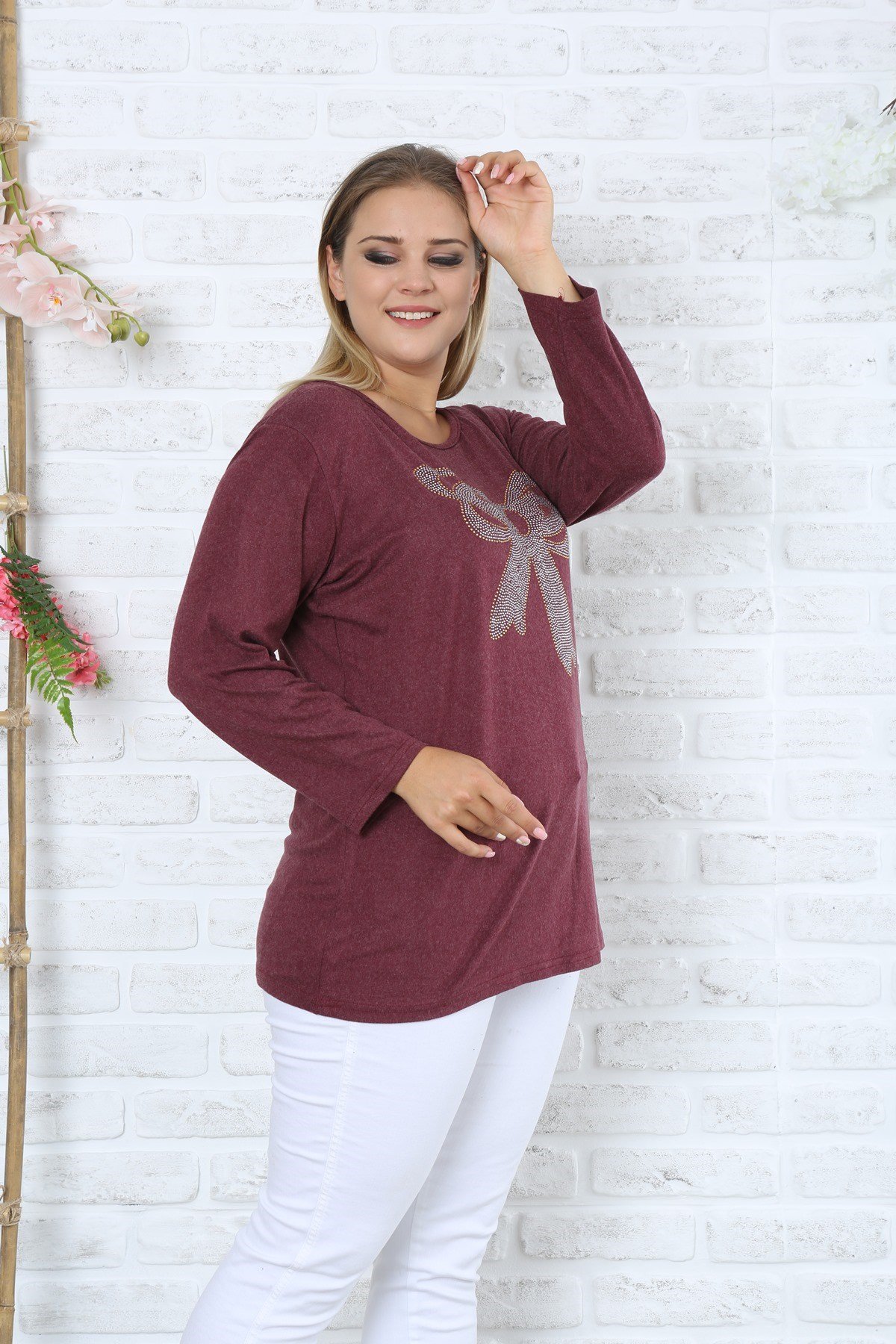 Kurdele Desenli Büyük Beden Bordo Y-Viskon Kazak