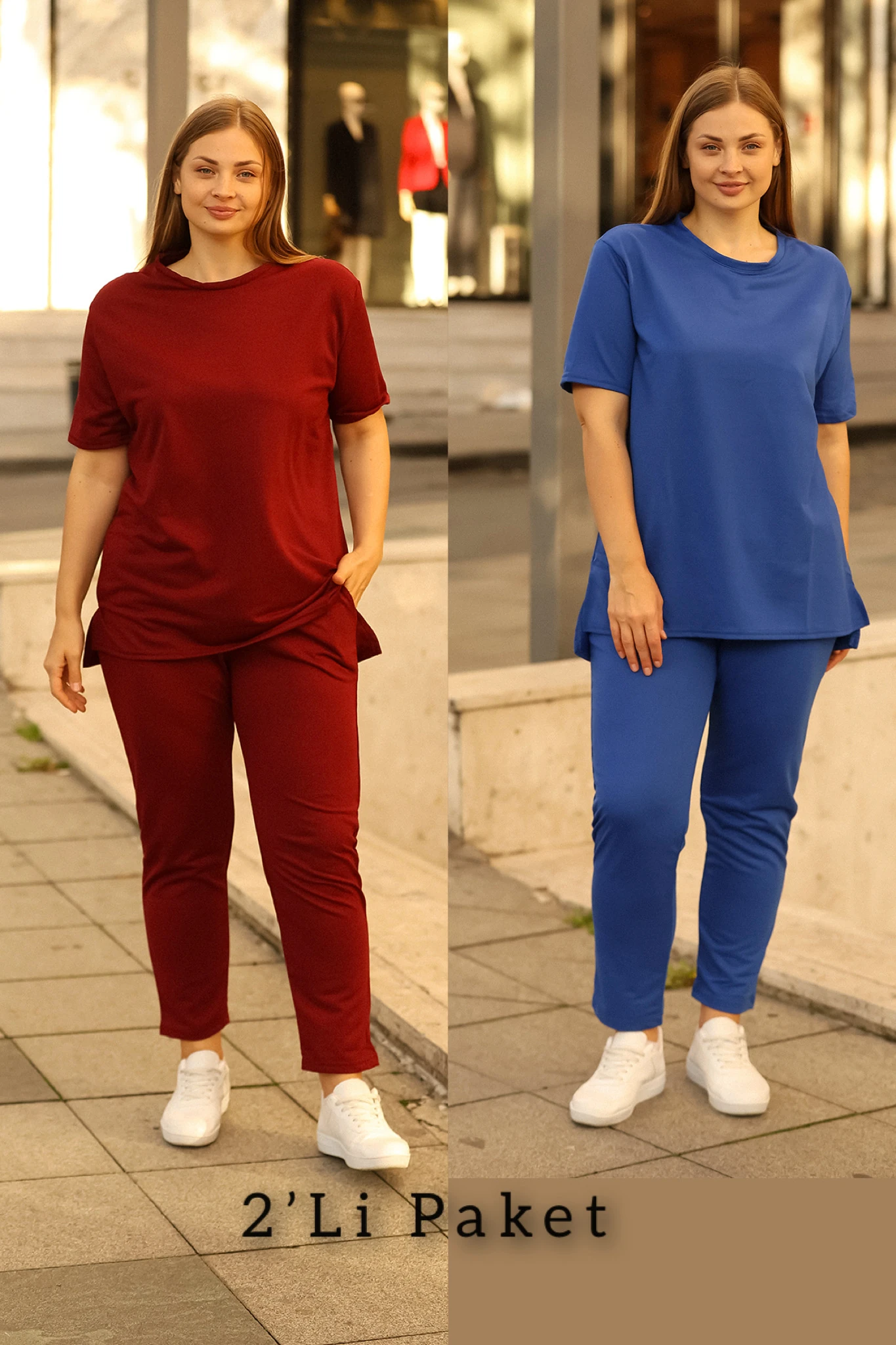 2'Li Paket Basic Bisiklet Yaka İkili Takım Bordo-Saks