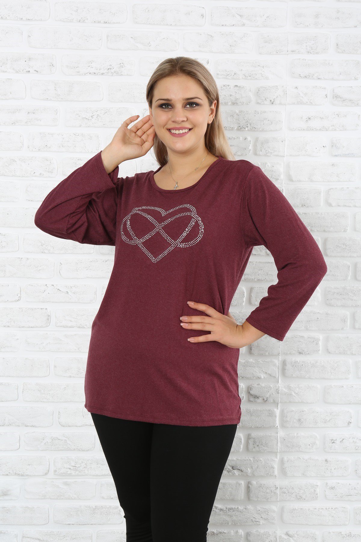 Sonsuz Kalp Baskılı  Taşlı Büyük Beden Bordo Kazak