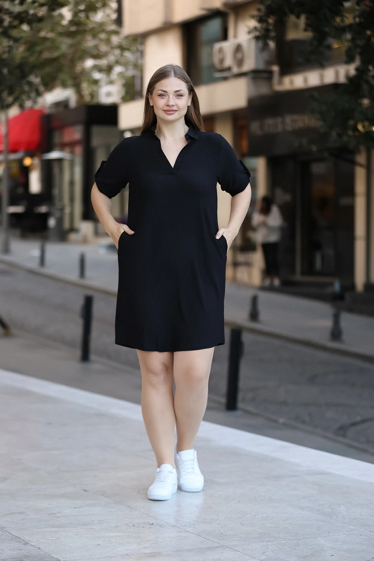 2 li Avantaj Paket Gömlek Yaka Cepli Bordo-Siyah Elbise