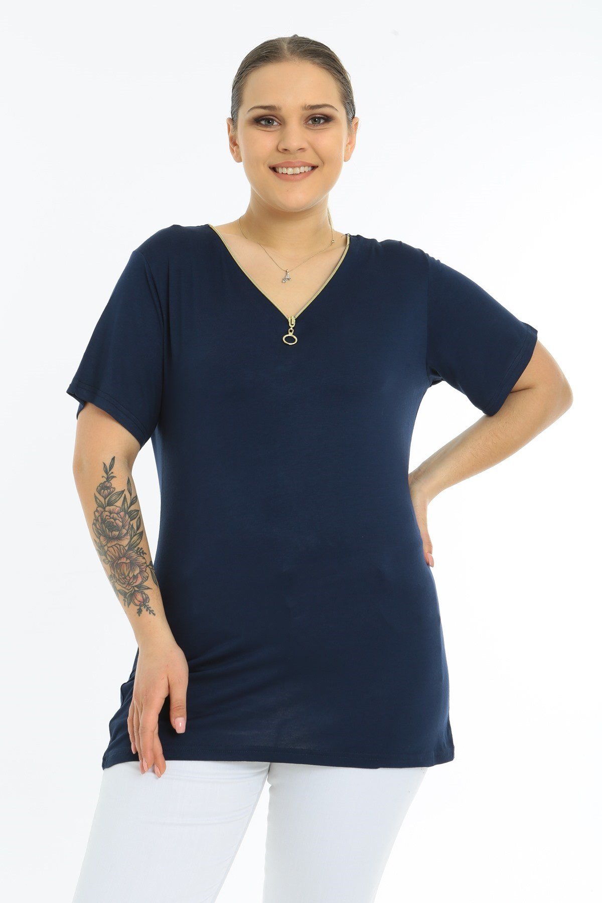 Fermuarlı Kısa Kol Büyük Beden Lacivert Bluz