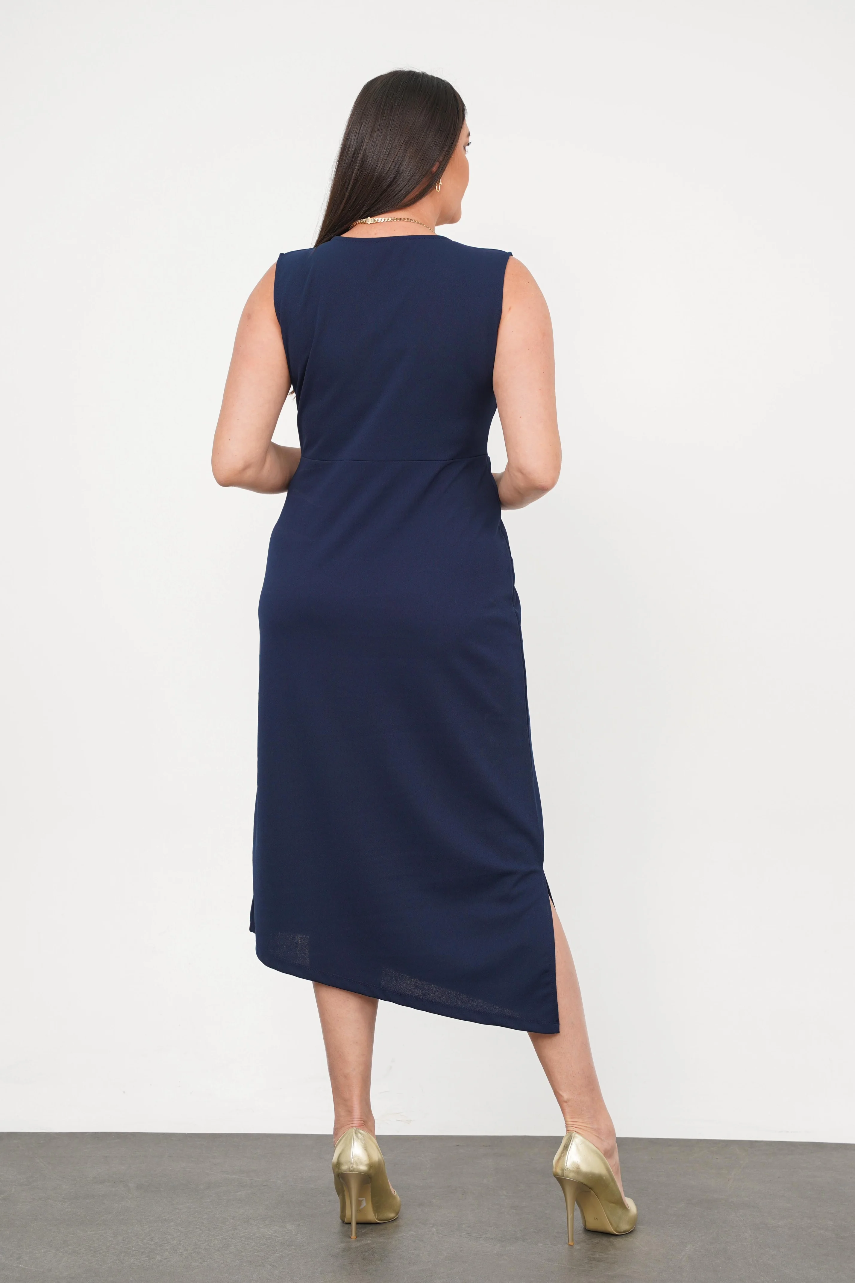 Büyük Beden Sıfır Kol Düğme Detay Abiye Lacivert