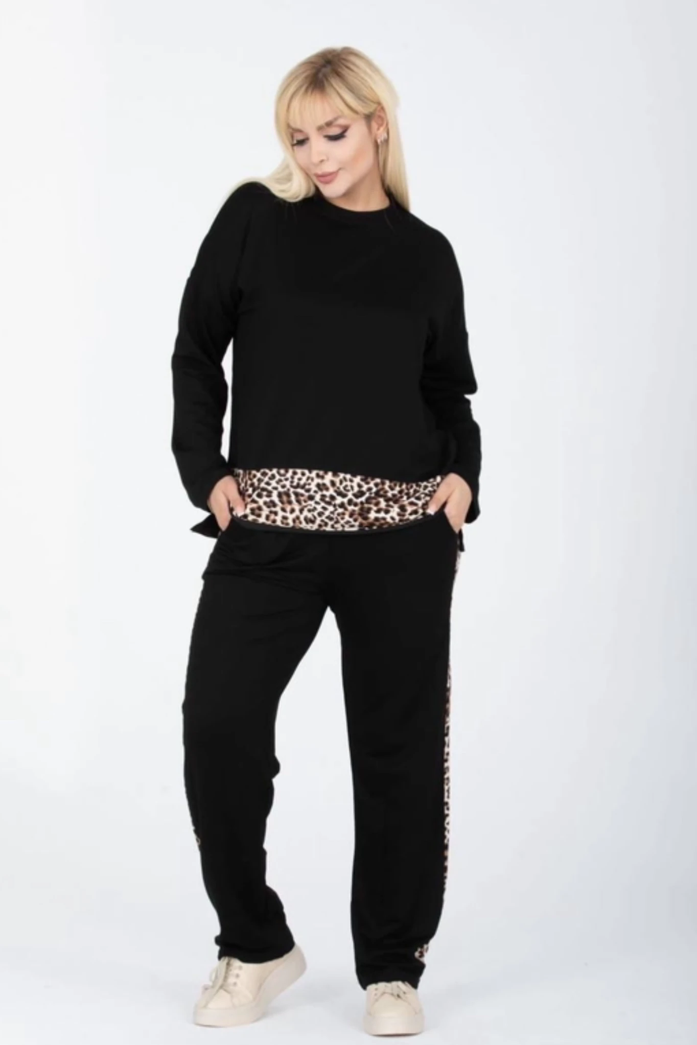 Büyük Beden Leopar Garnili Uzun Kol İkili Takım