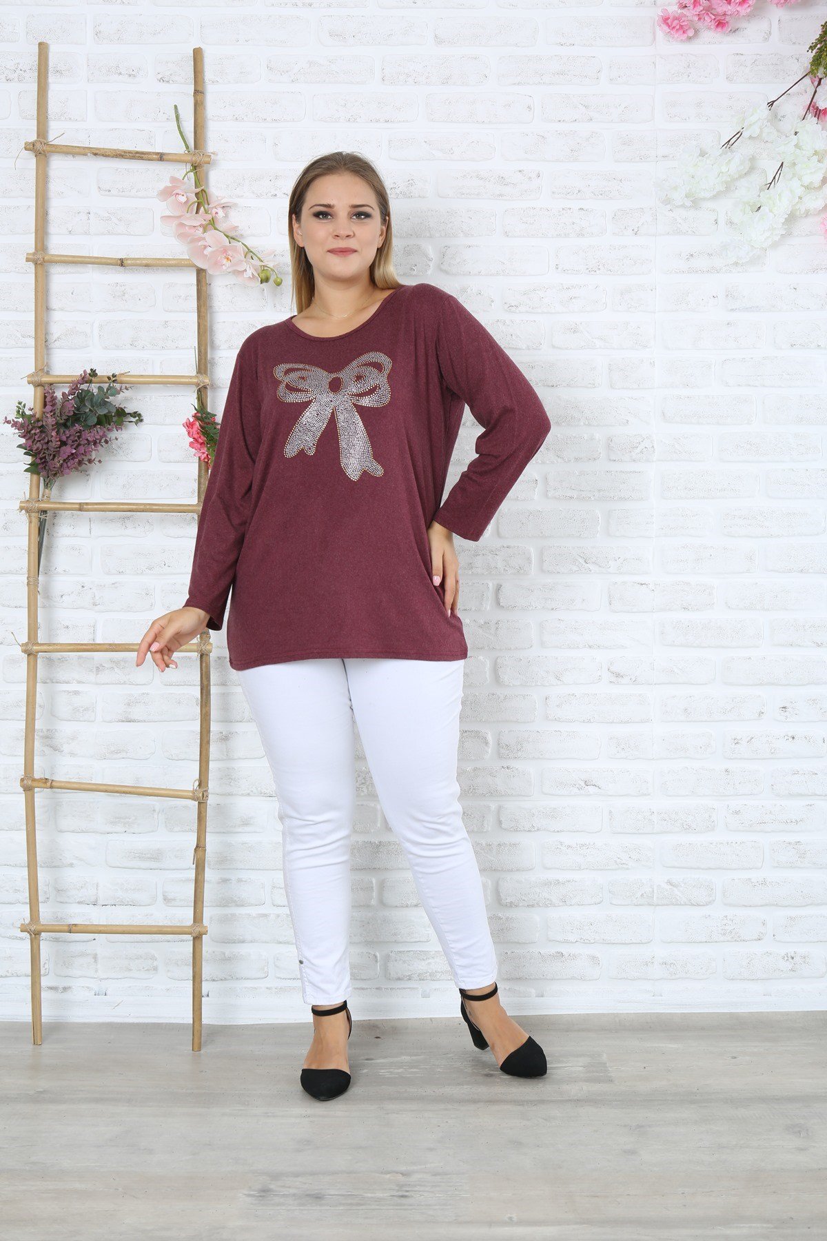 Kurdele Desenli Büyük Beden Bordo Y-Viskon Kazak