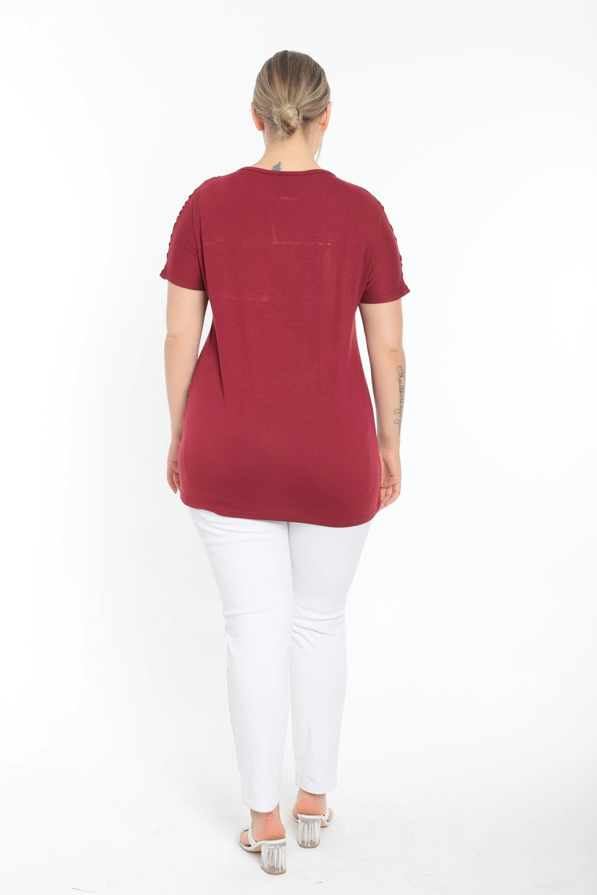 Kısa Kol Önü Zebra Desen Büyük Beden Bordo Bluz