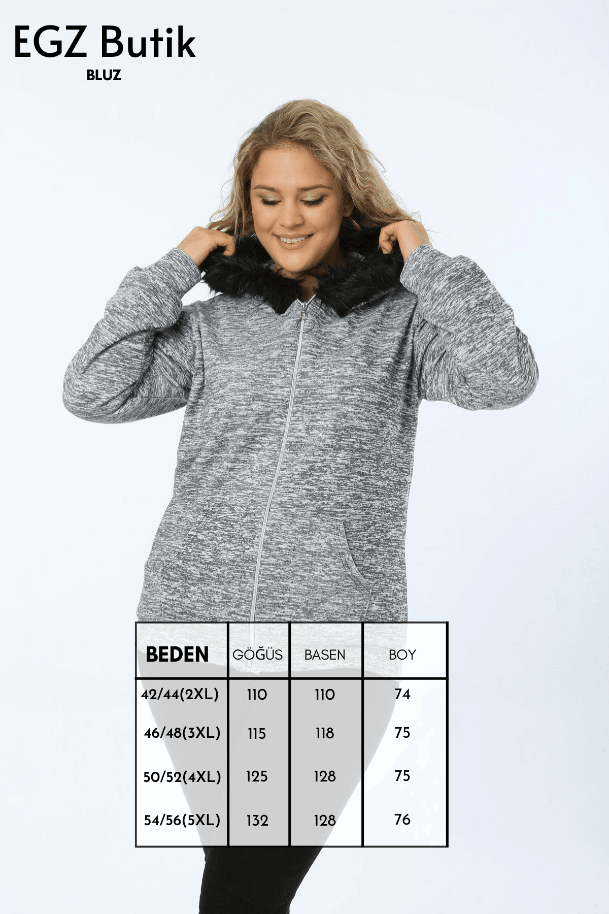 Kapşonlu Peluş Detaylı Büyük Beden Fermuarlı Sweat