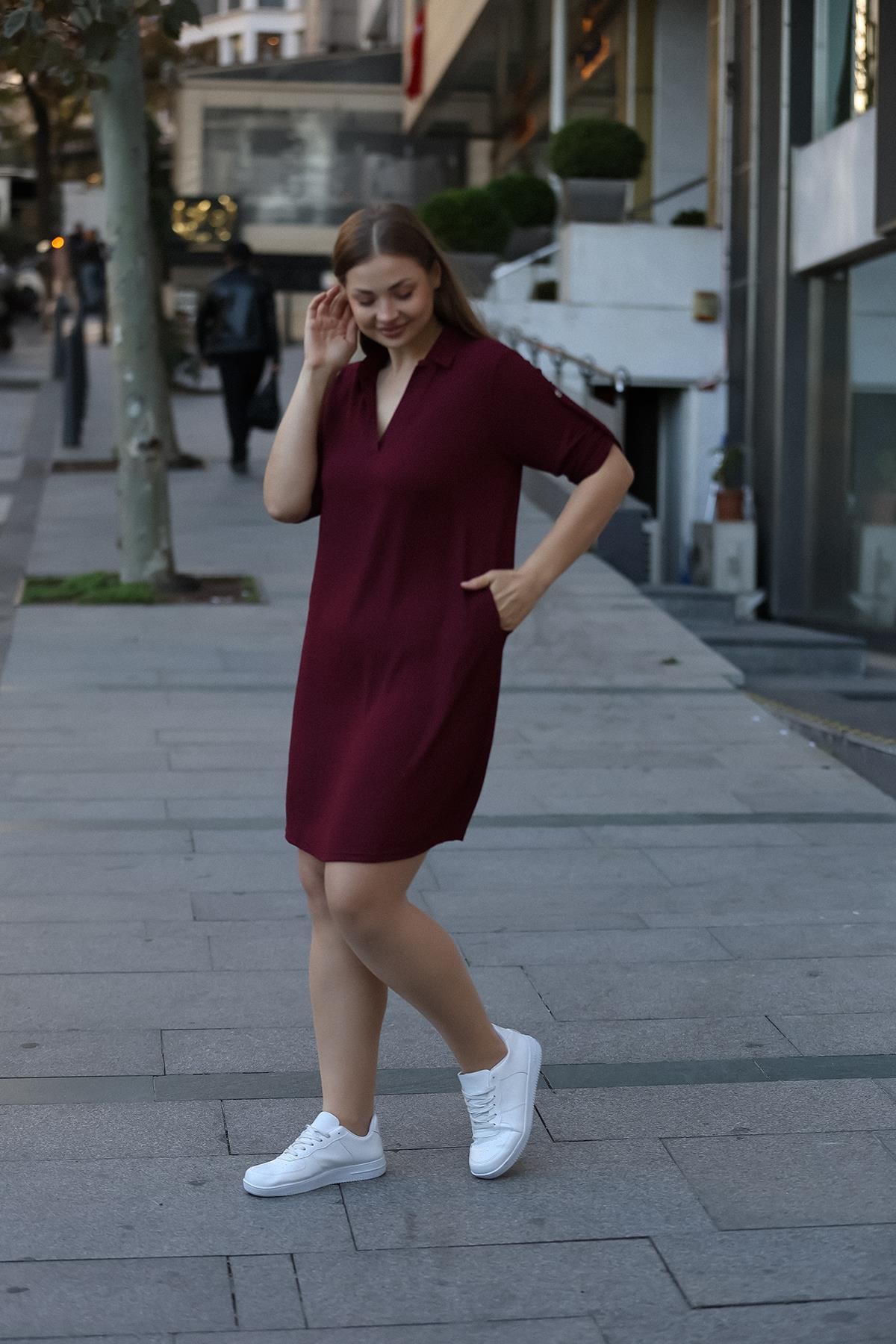 Gömlek Yaka Cepli Bordo Elbise