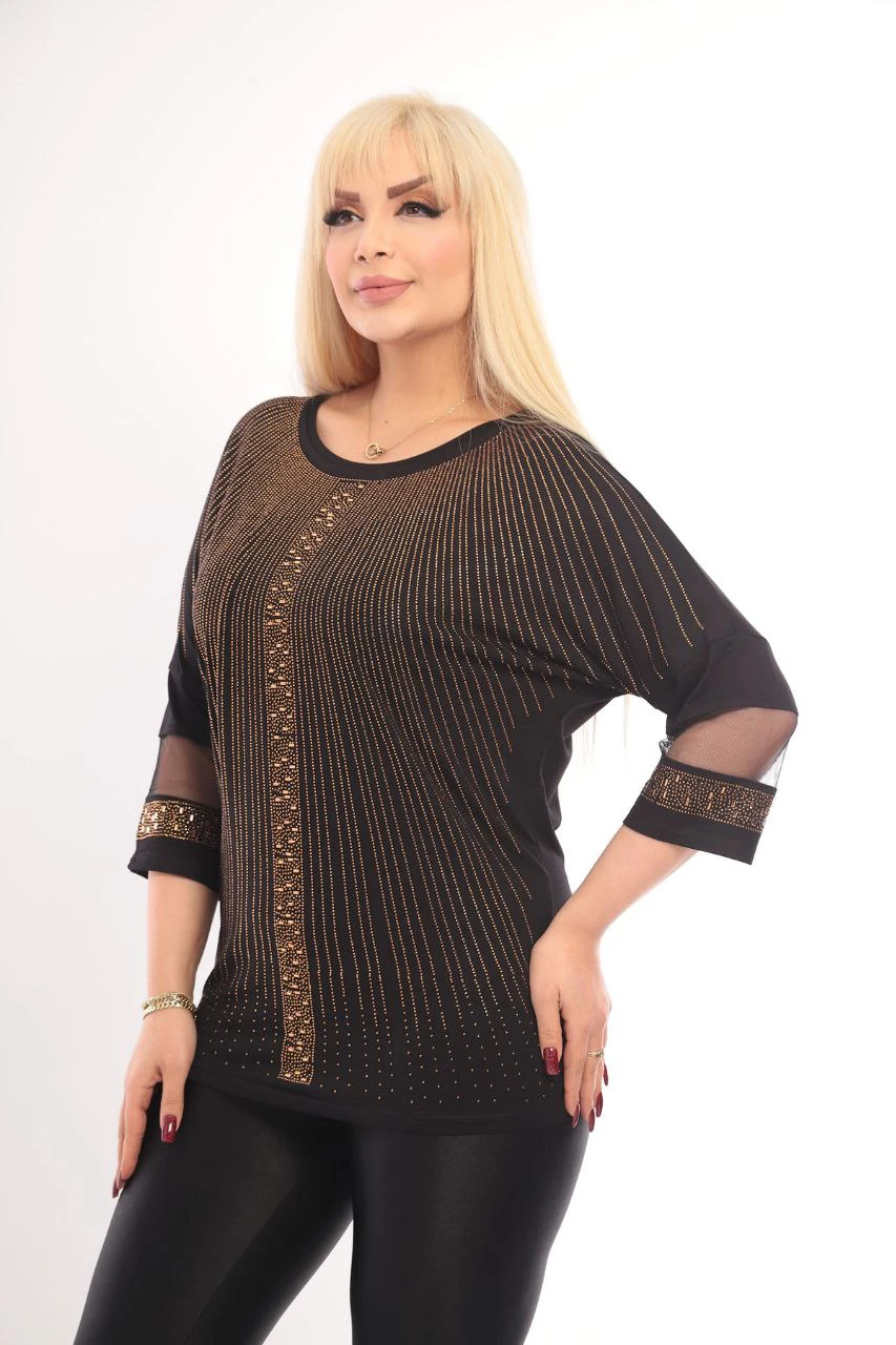 Büyük Beden Taş Süslemeli Abiye Bluz - Sarı Taş