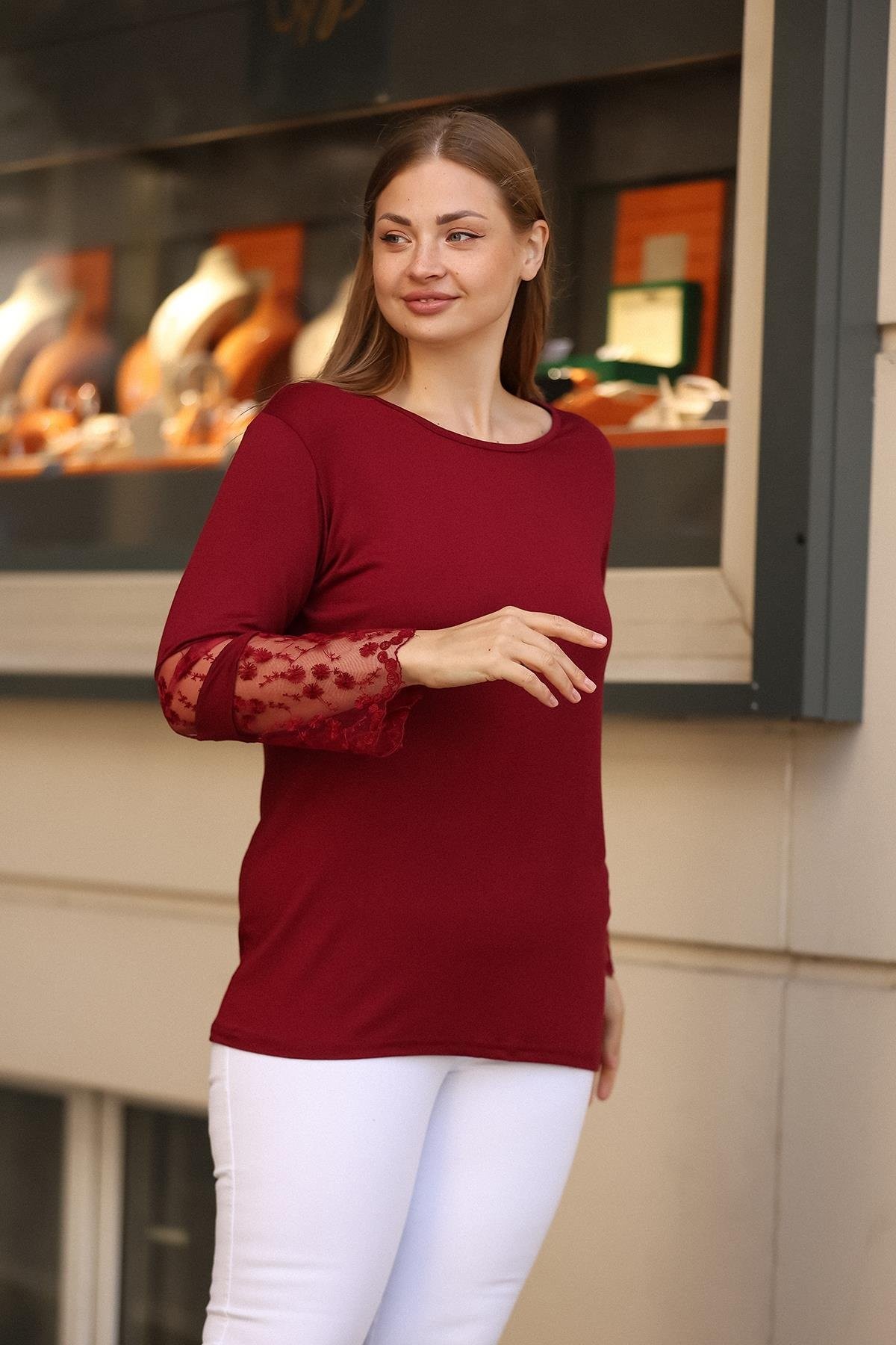 Kolları Dantel Desenli Büyük Beden Bordo Bluz