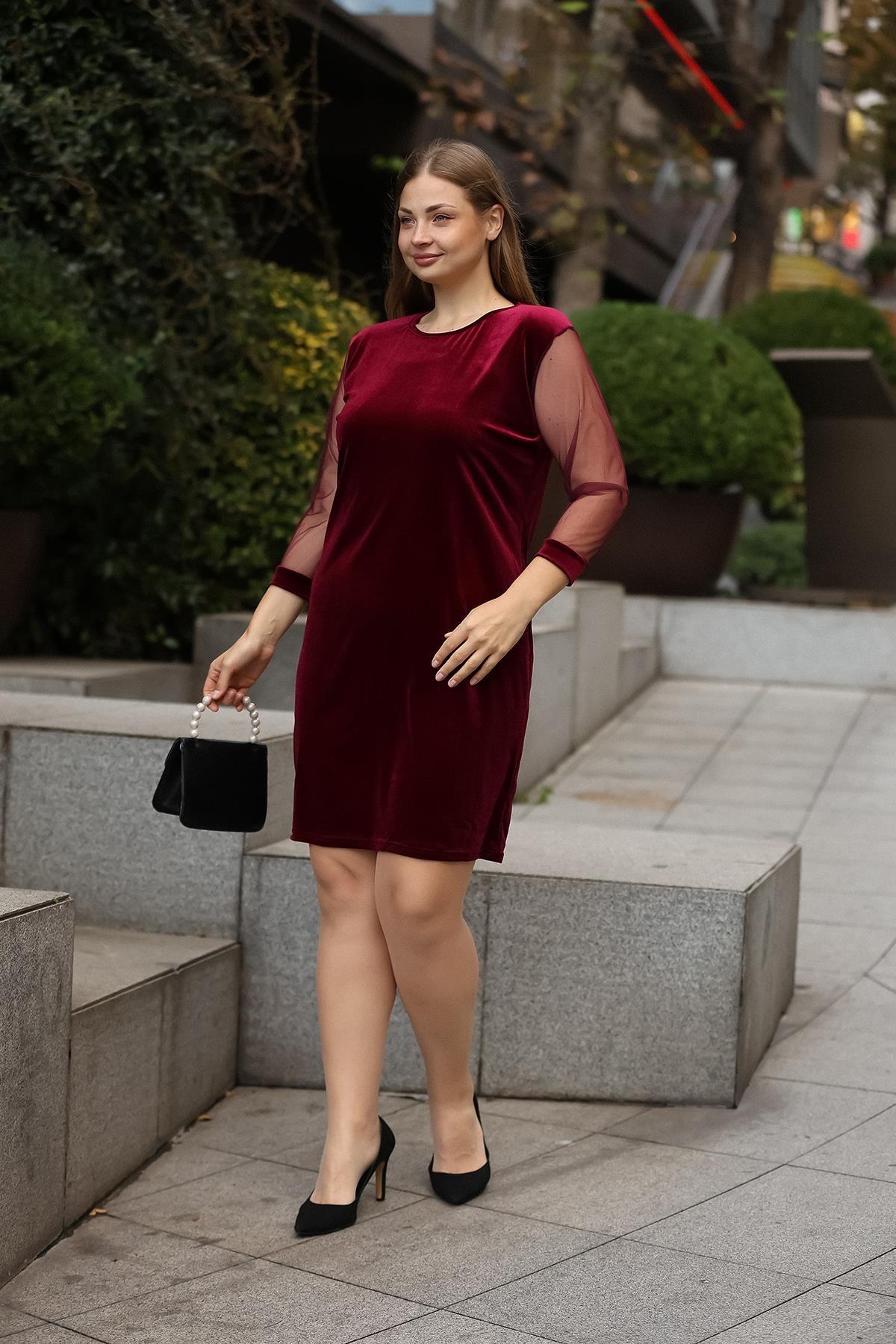 Kolları Tül Kadife Desen Bordo Elbise