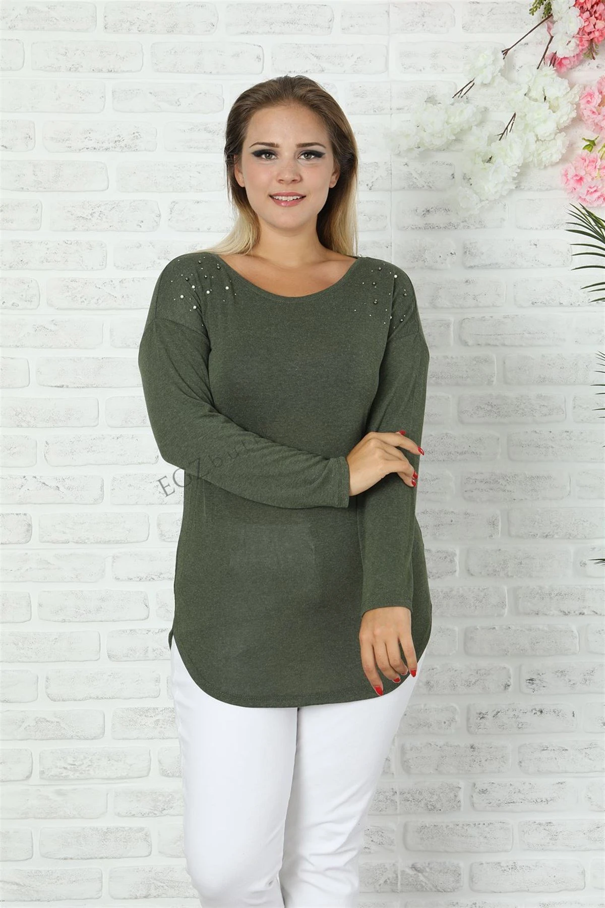 Uzun Kollu İncili Büyük Beden Haki Kazak