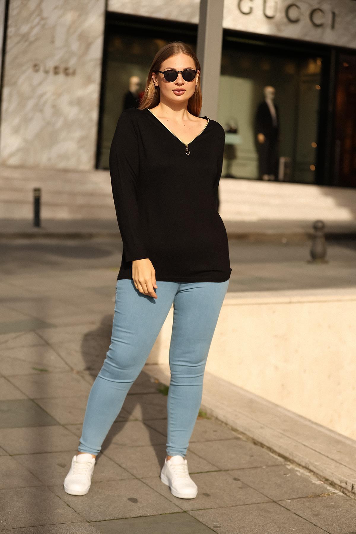 Klasik Fermuarlı Büyük Beden Siyah Bluz