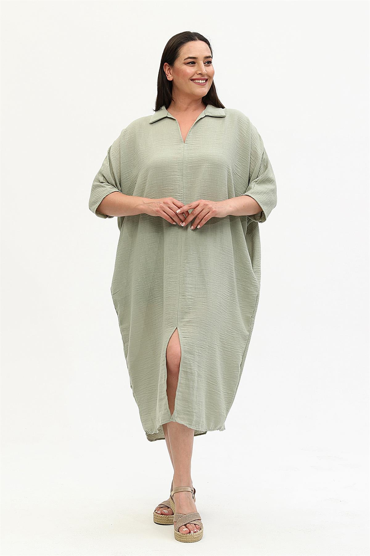 Keten Önü Yırtmaçlı Gömlek Yaka Haki Elbise