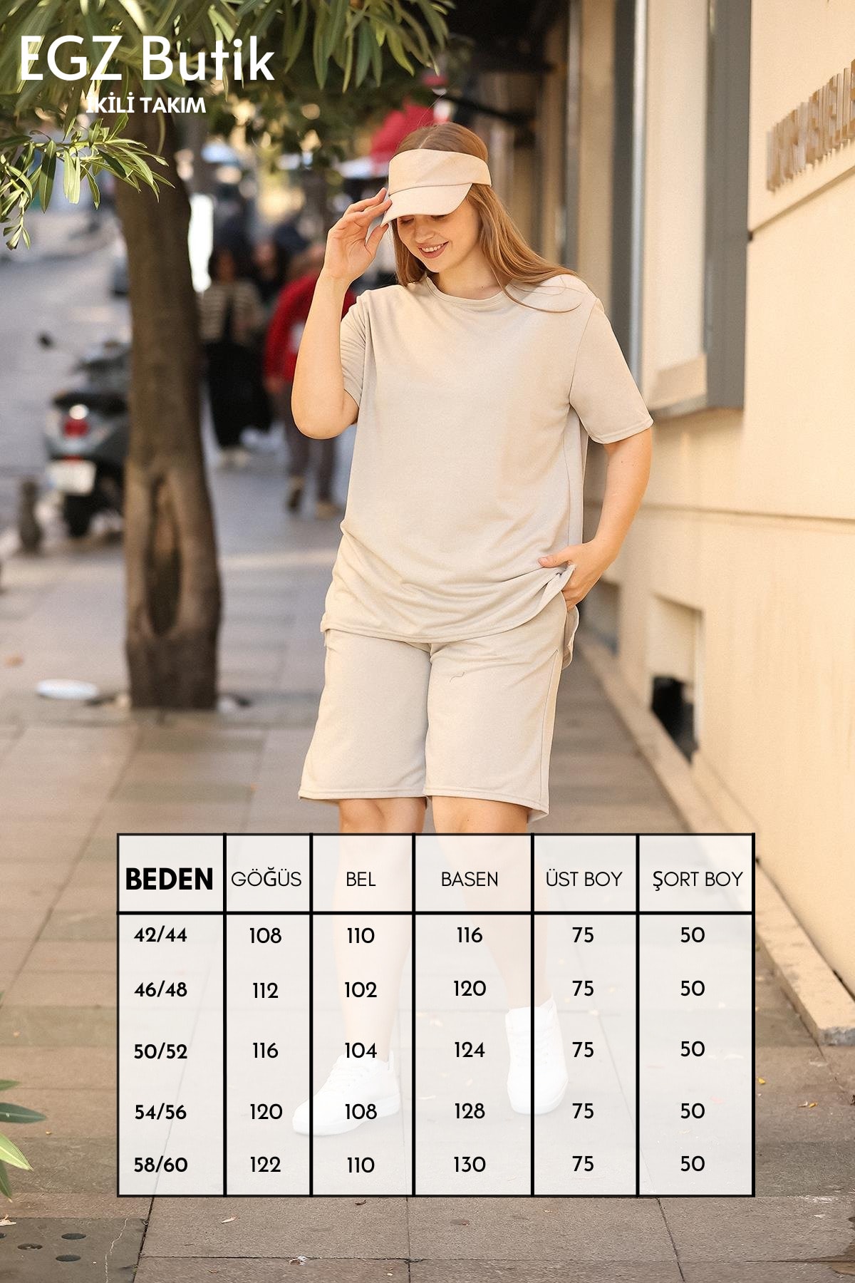 Yazlık Yandan Yırtmaçlı Büyük Beden Şortlu Takım Bej