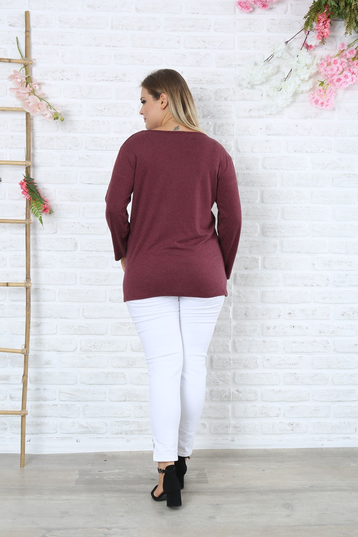 Kurdele Desenli Büyük Beden Bordo Y-Viskon Kazak