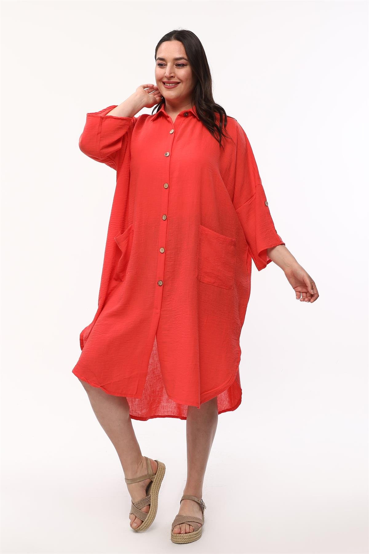 Önü Düğmeli Oversize Kırmızı Keten Elbise