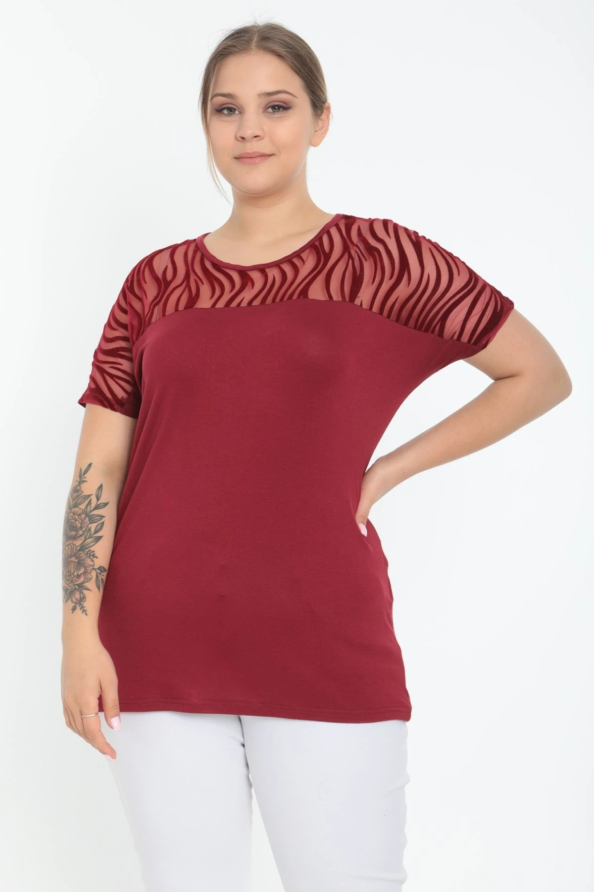 Kısa Kol Önü Zebra Desen Büyük Beden Bordo Bluz