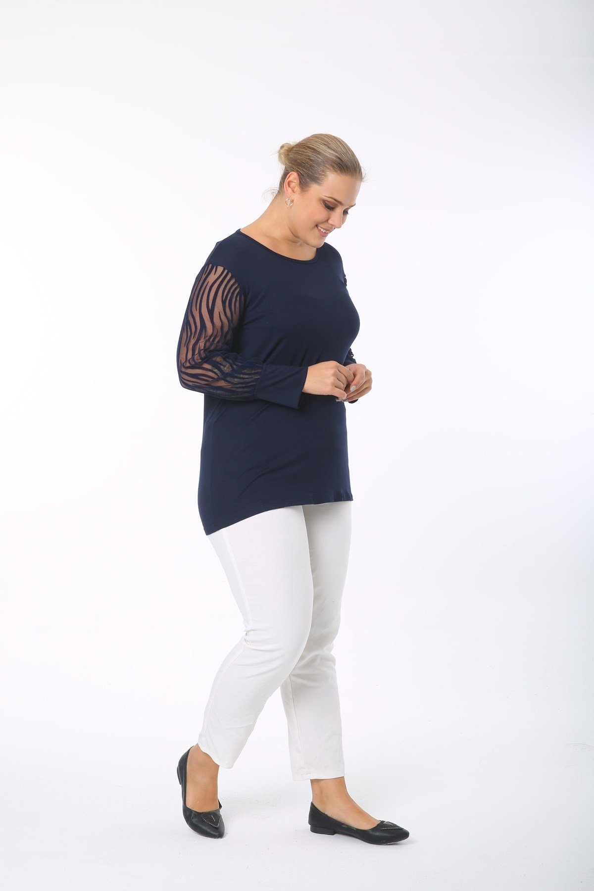 Zebra Kol Büyük Beden Lacivert Bluz