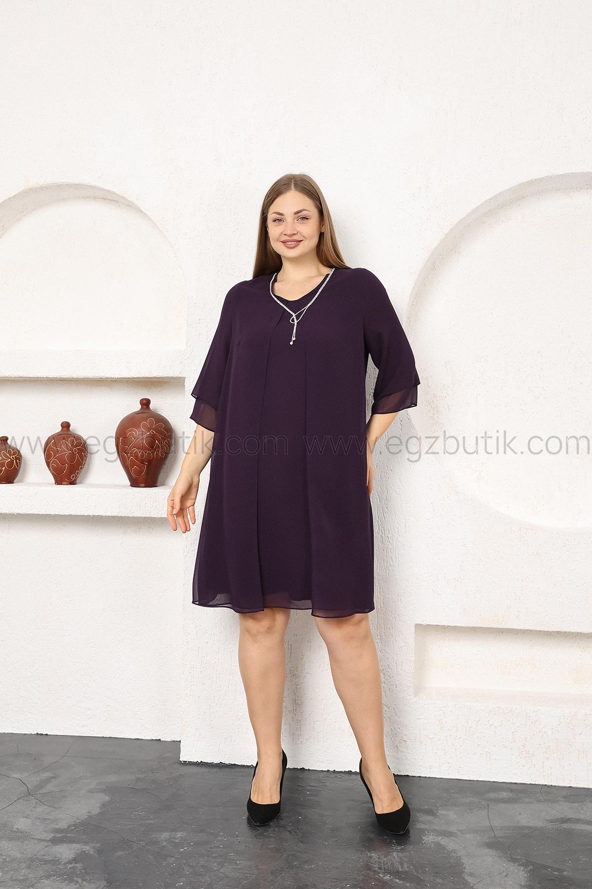 Şifon Üstü Tül  Kolyeli Büyük Beden Elbise Mürdüm