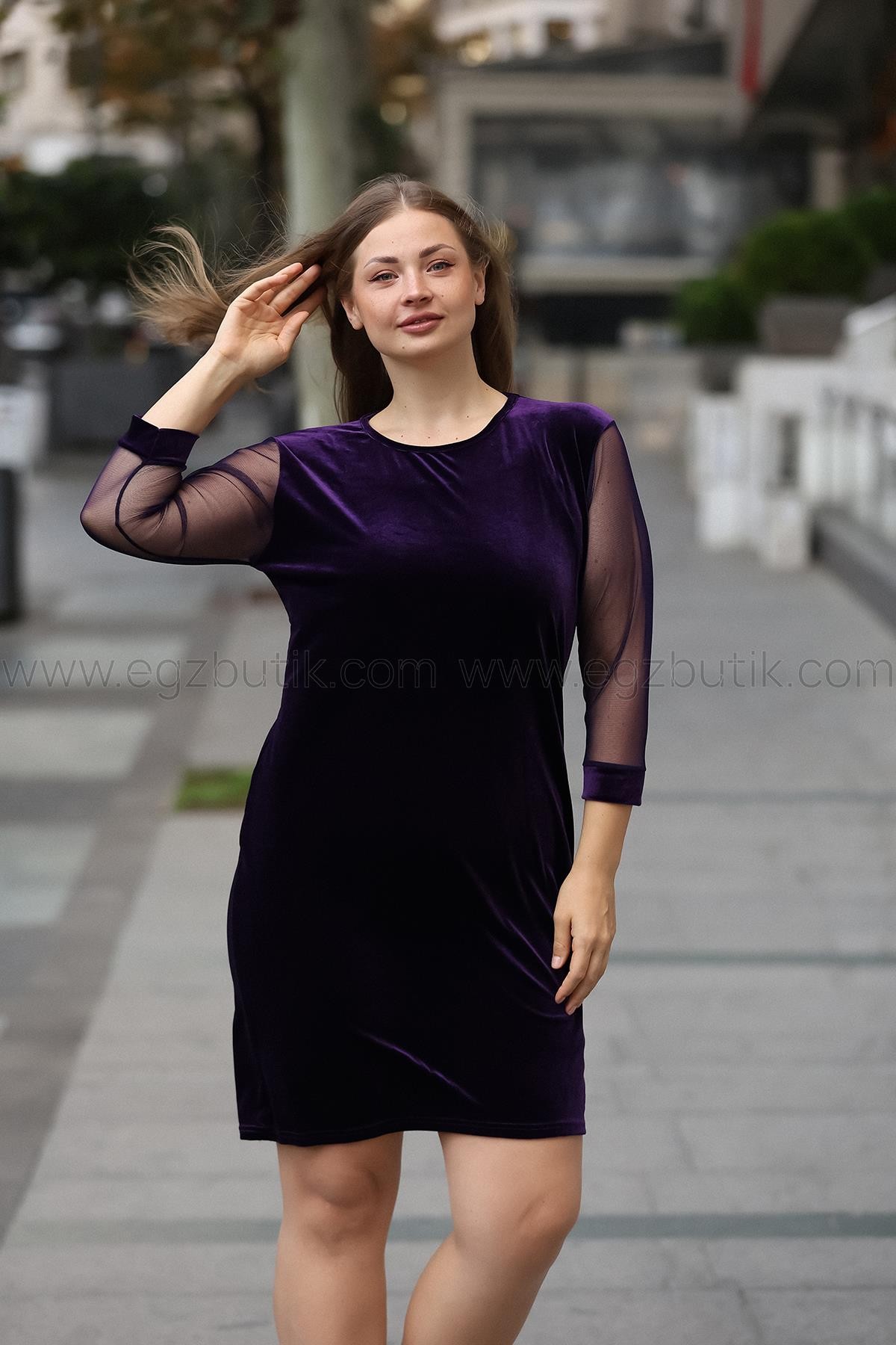 Kolları Tül Kadife Desen Mor Elbise