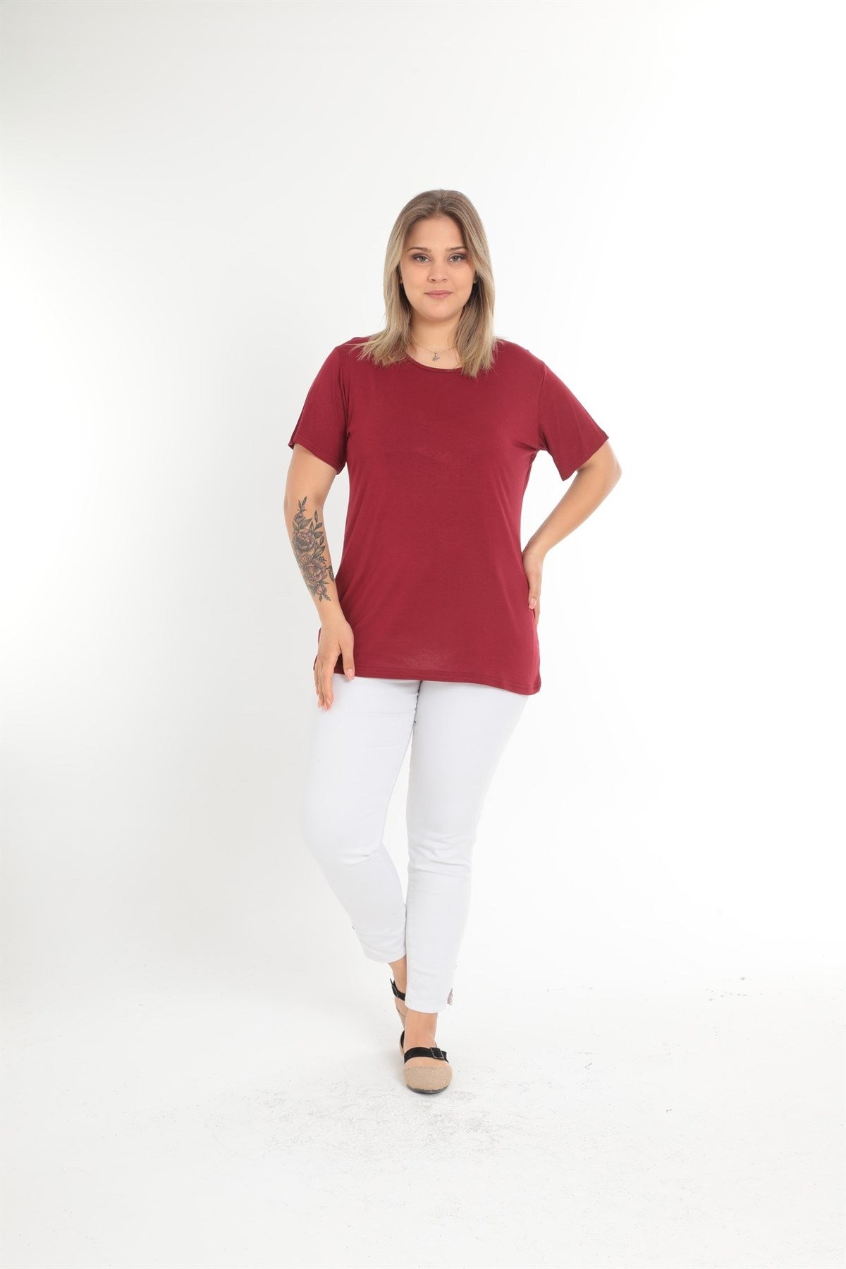 Kısa Kol Sırt Kısmı Kemerli Büyük Beden Bordo Bluz