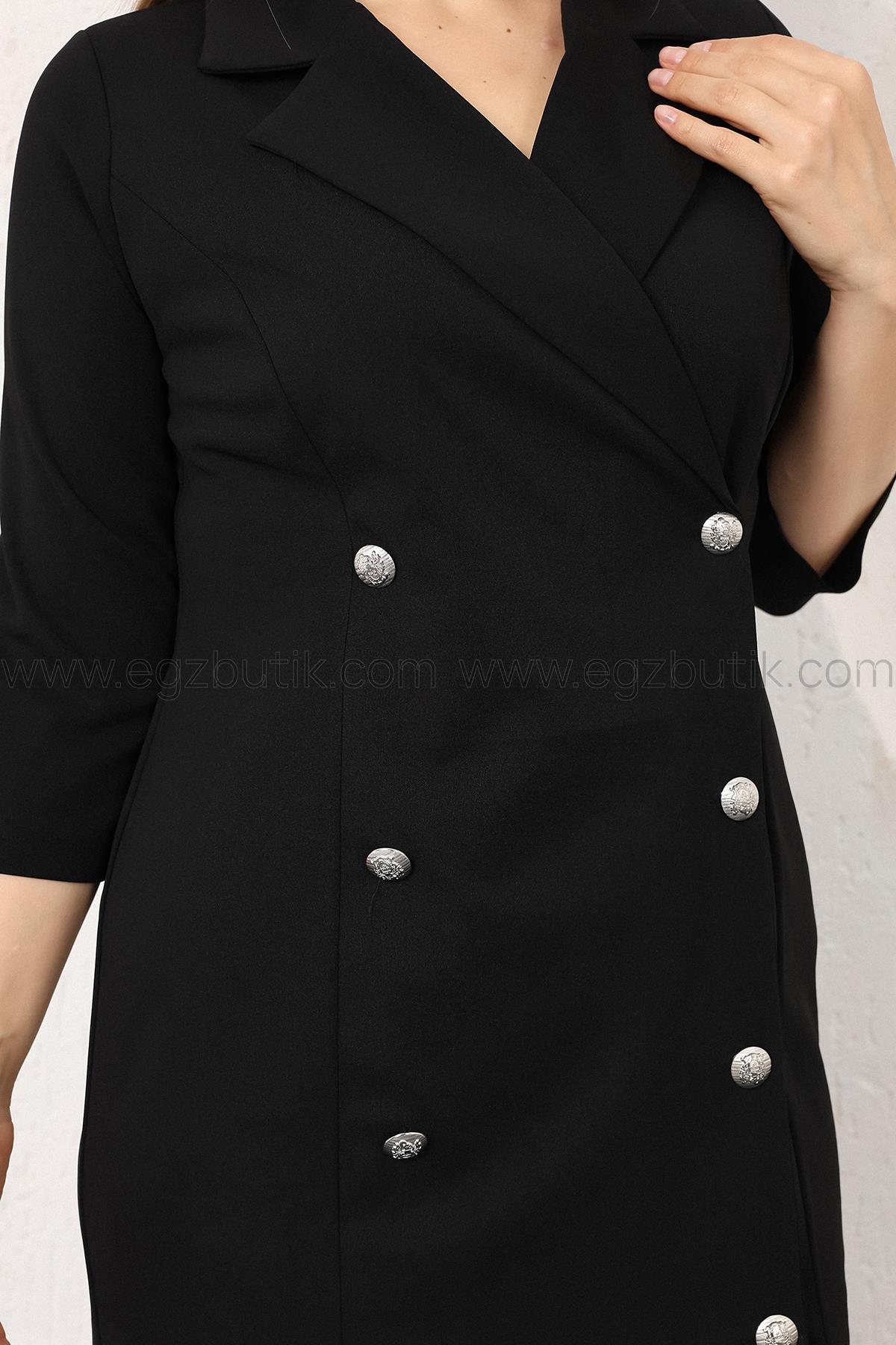 Truvakar Kol Düğmeli Ceket Elbise Siyah