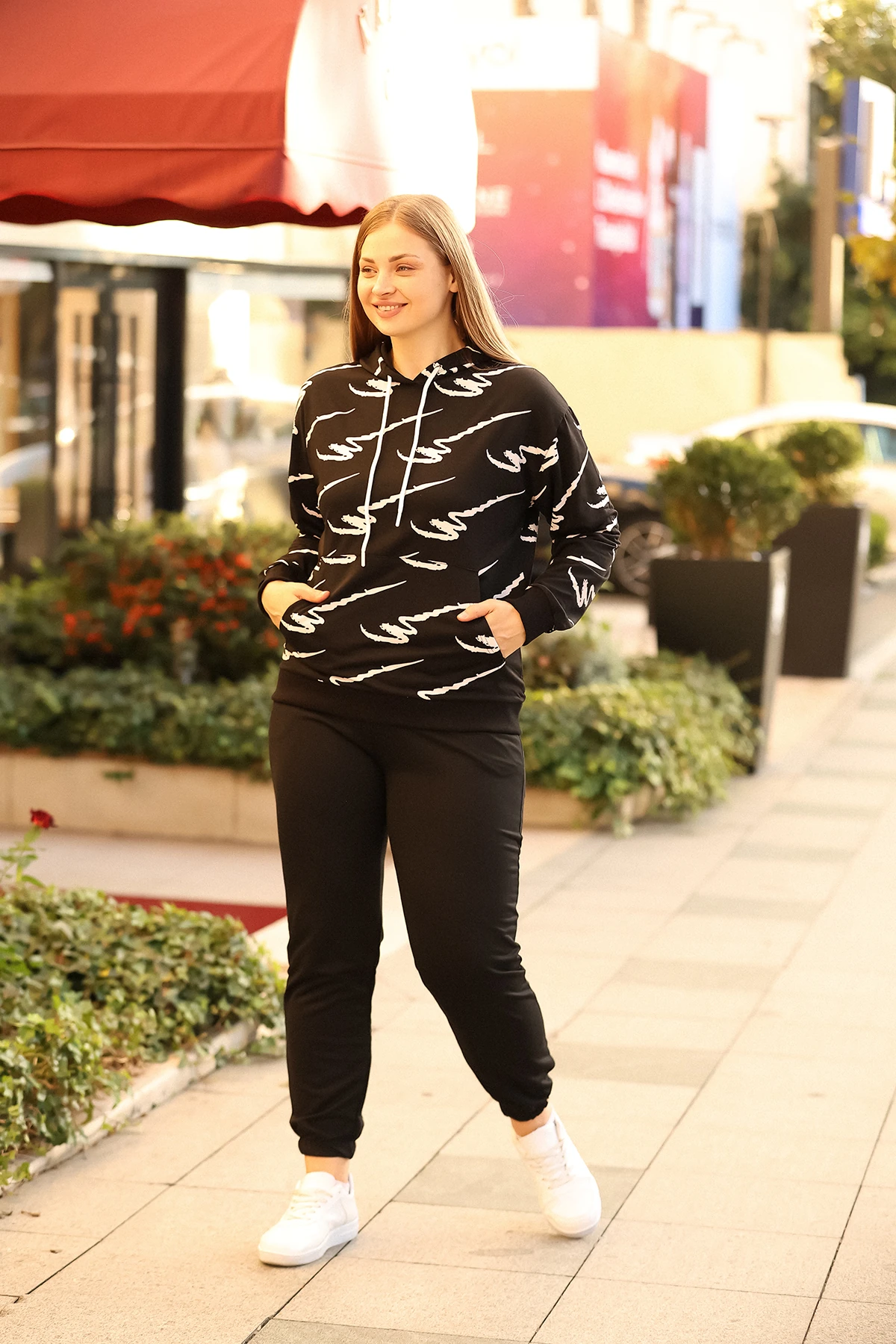 Büyük Beden Kanguru Cep İkili Takım - Siyah