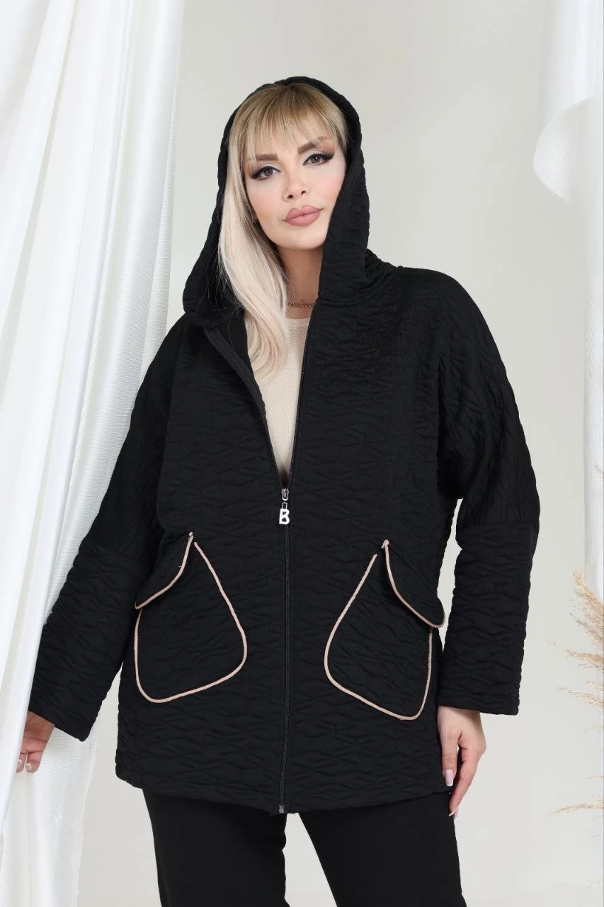 Büyük Beden Jakarlı Kapitone Mont - Siyah