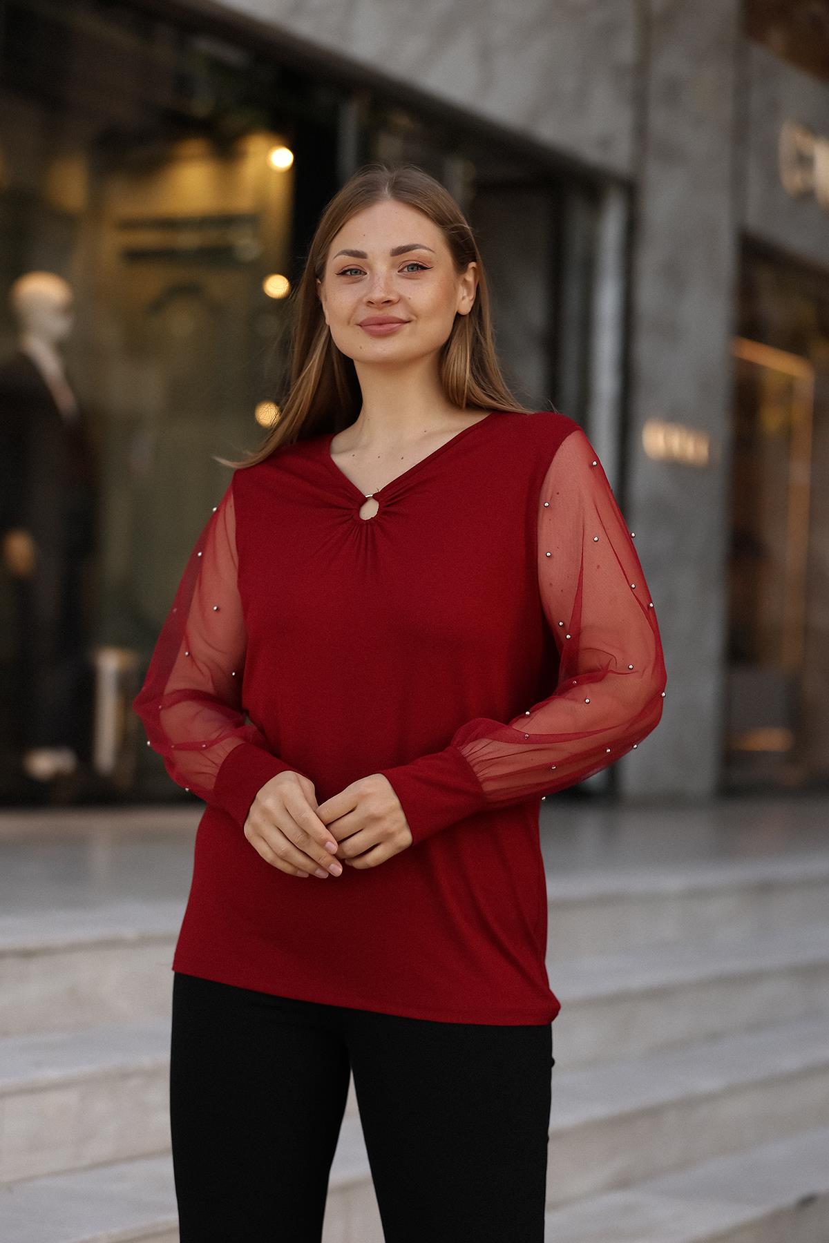 Kolları Tüllü İncili Büyük Beden Bordo Bluz