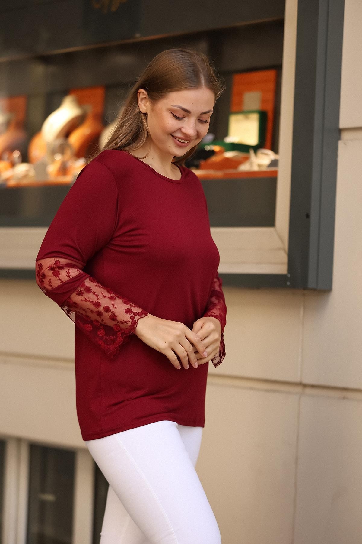 Kolları Dantel Desenli Büyük Beden Bordo Bluz