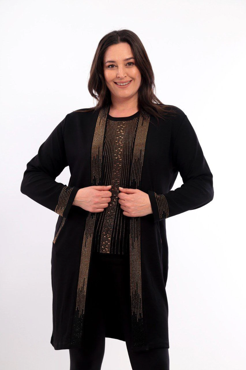 Büyük Beden Taş Süslemeli Hırka - Sarı Taş