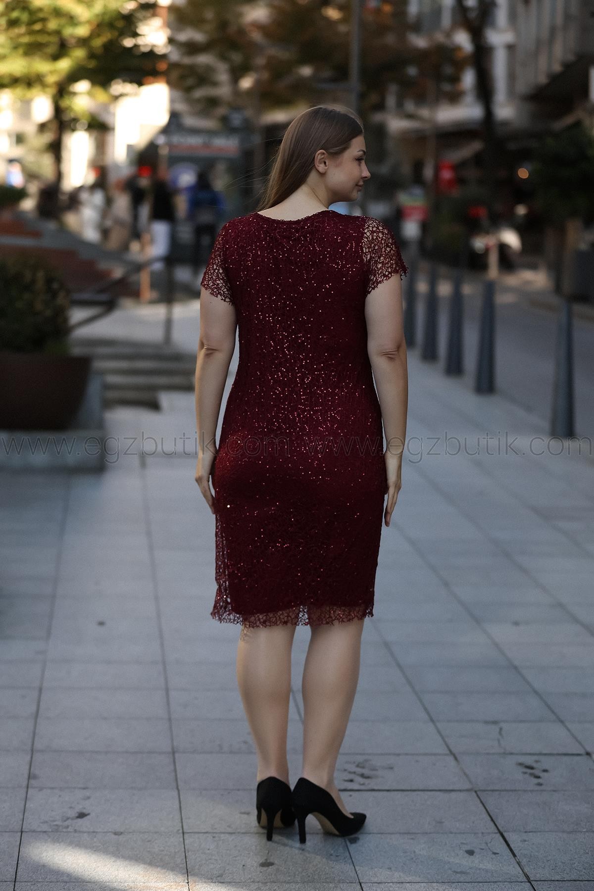 Örümcek Dantel Midi Boy Bordo Elbise