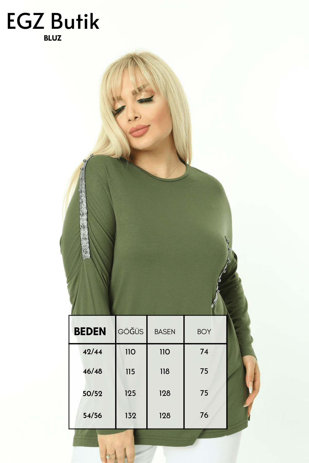 Omuzu Sim Detay İncili Büyük Beden Haki Bluz